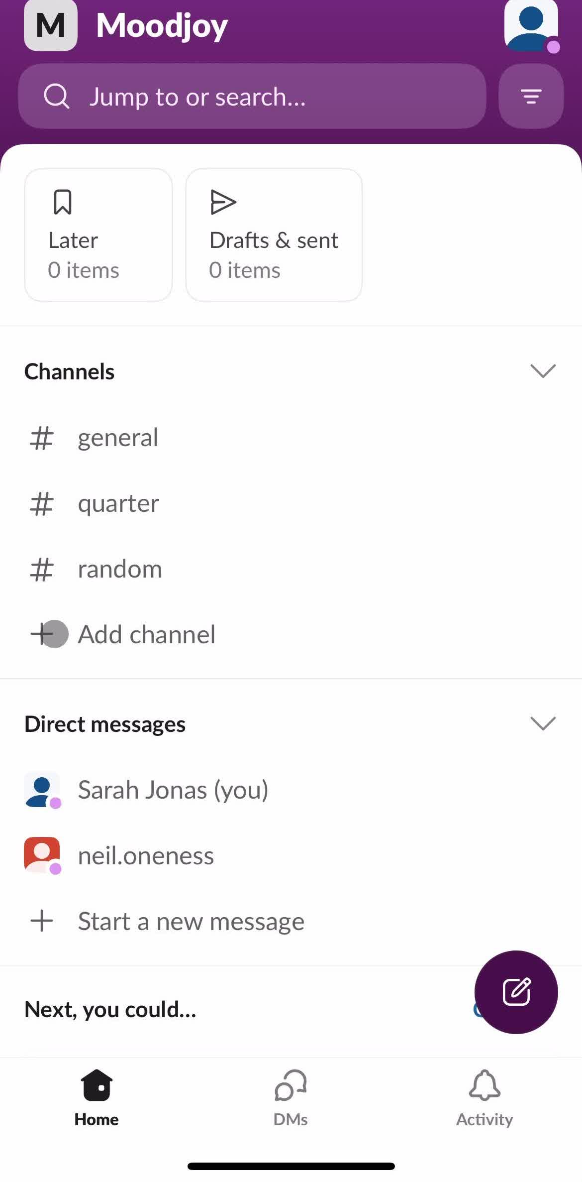 Slack Home screen in the Creating A Channel flow