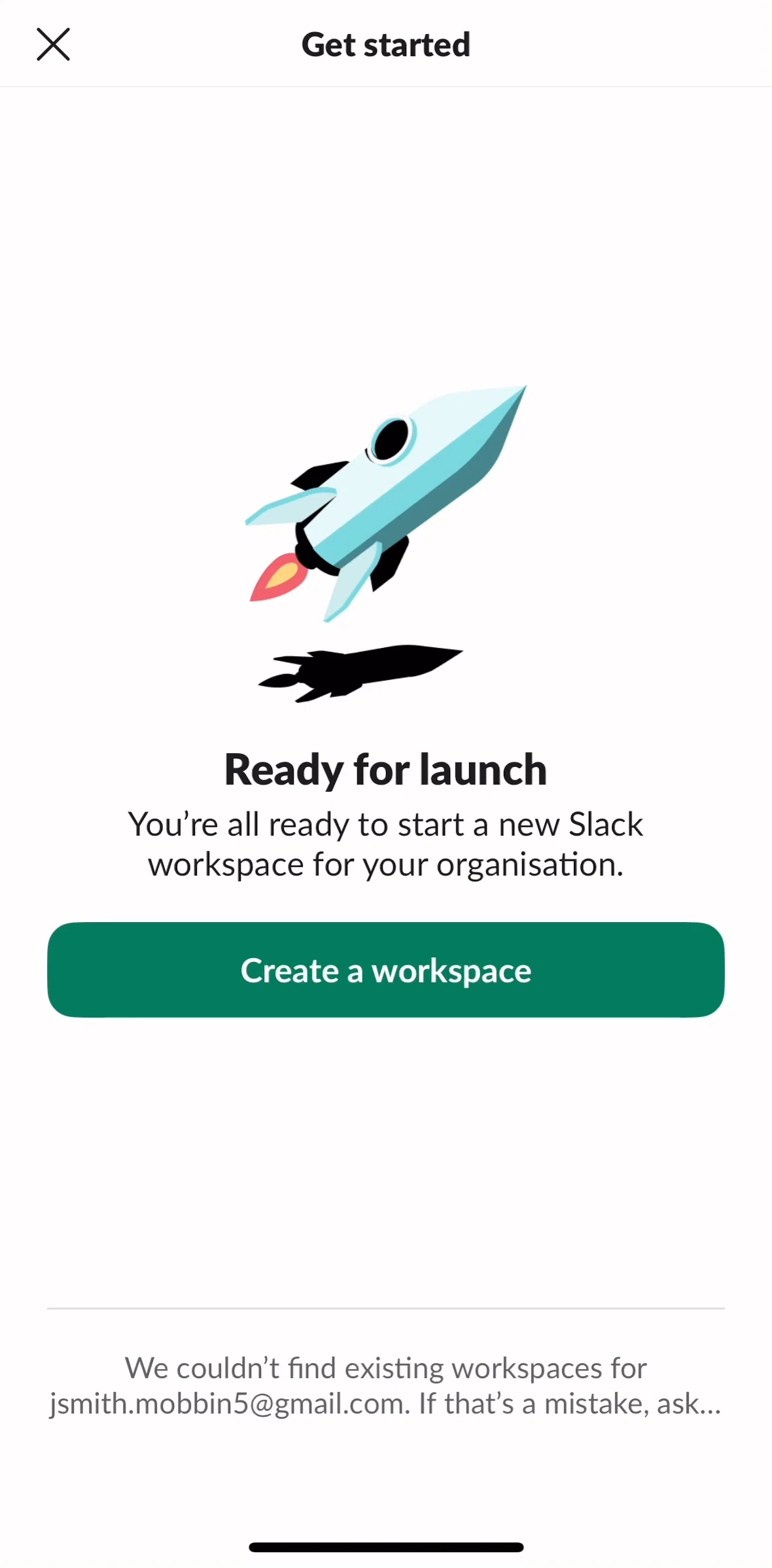 Slack Screen screen in the Creating a workspace flow