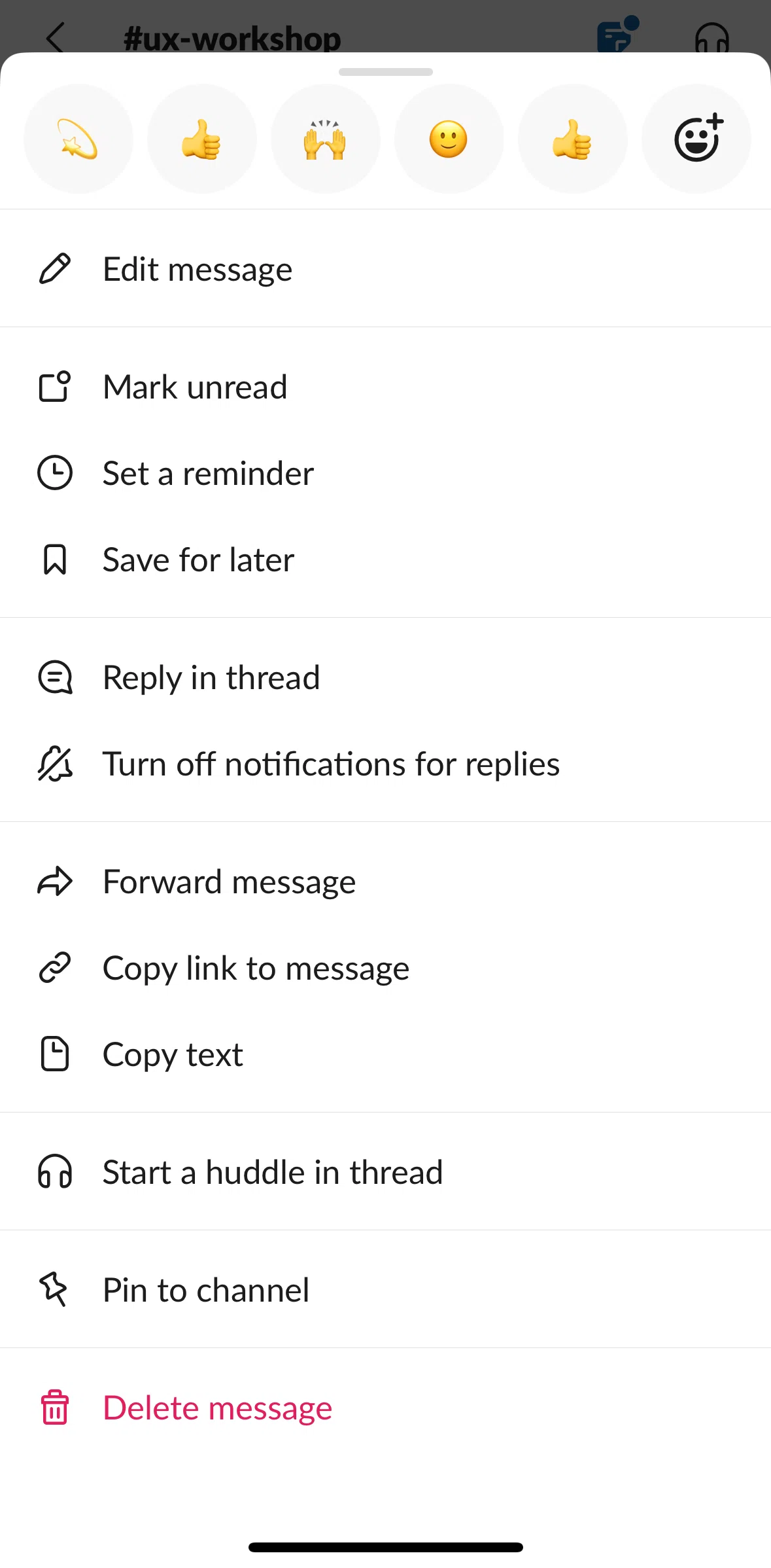 Slack Screen screen in the Deleting a message flow