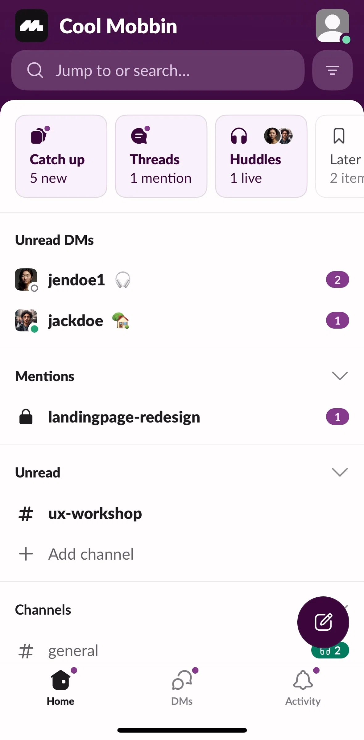 Slack Screen screen in the DMs flow