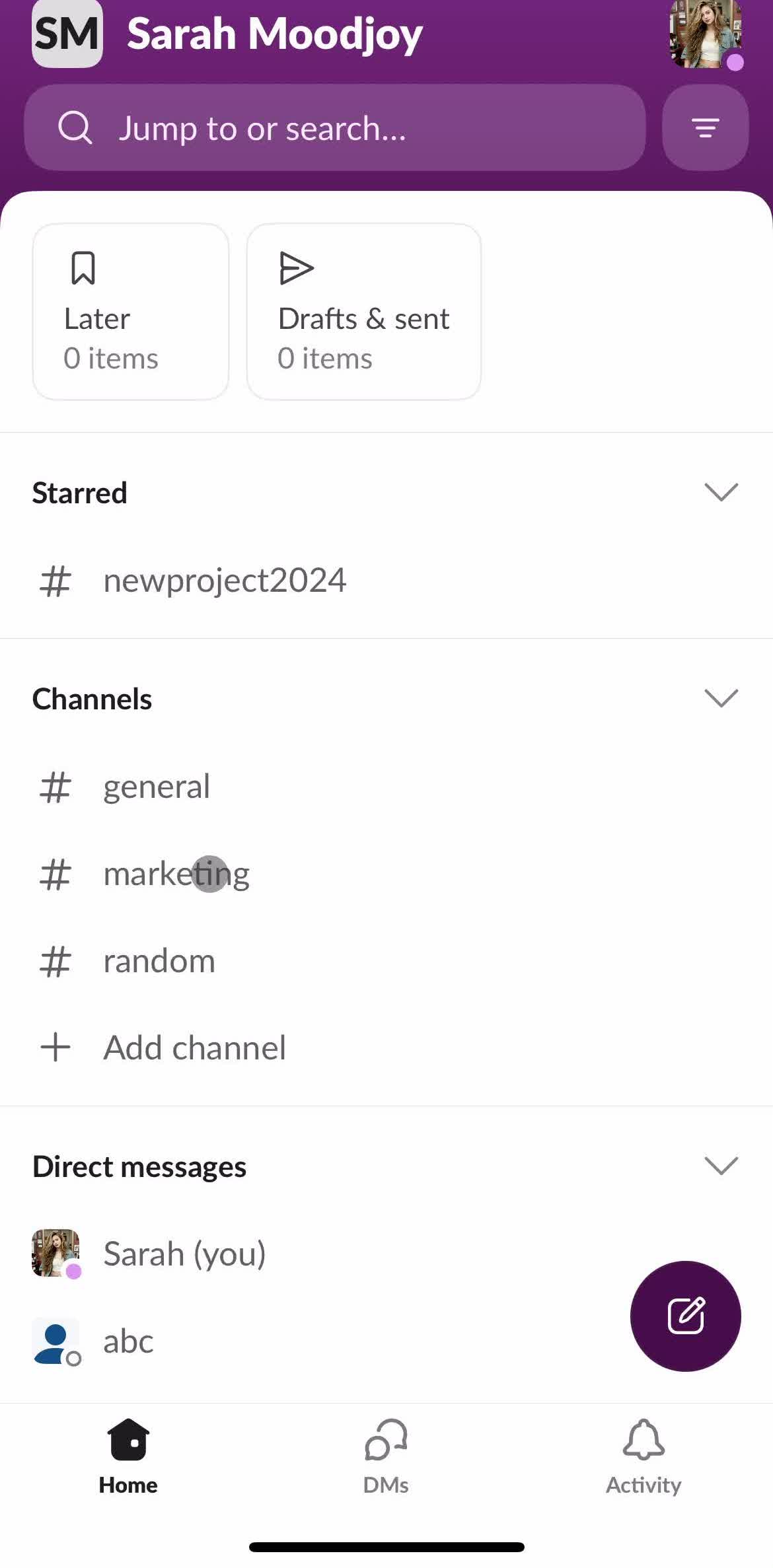 Slack Home screen in the General Browsing flow