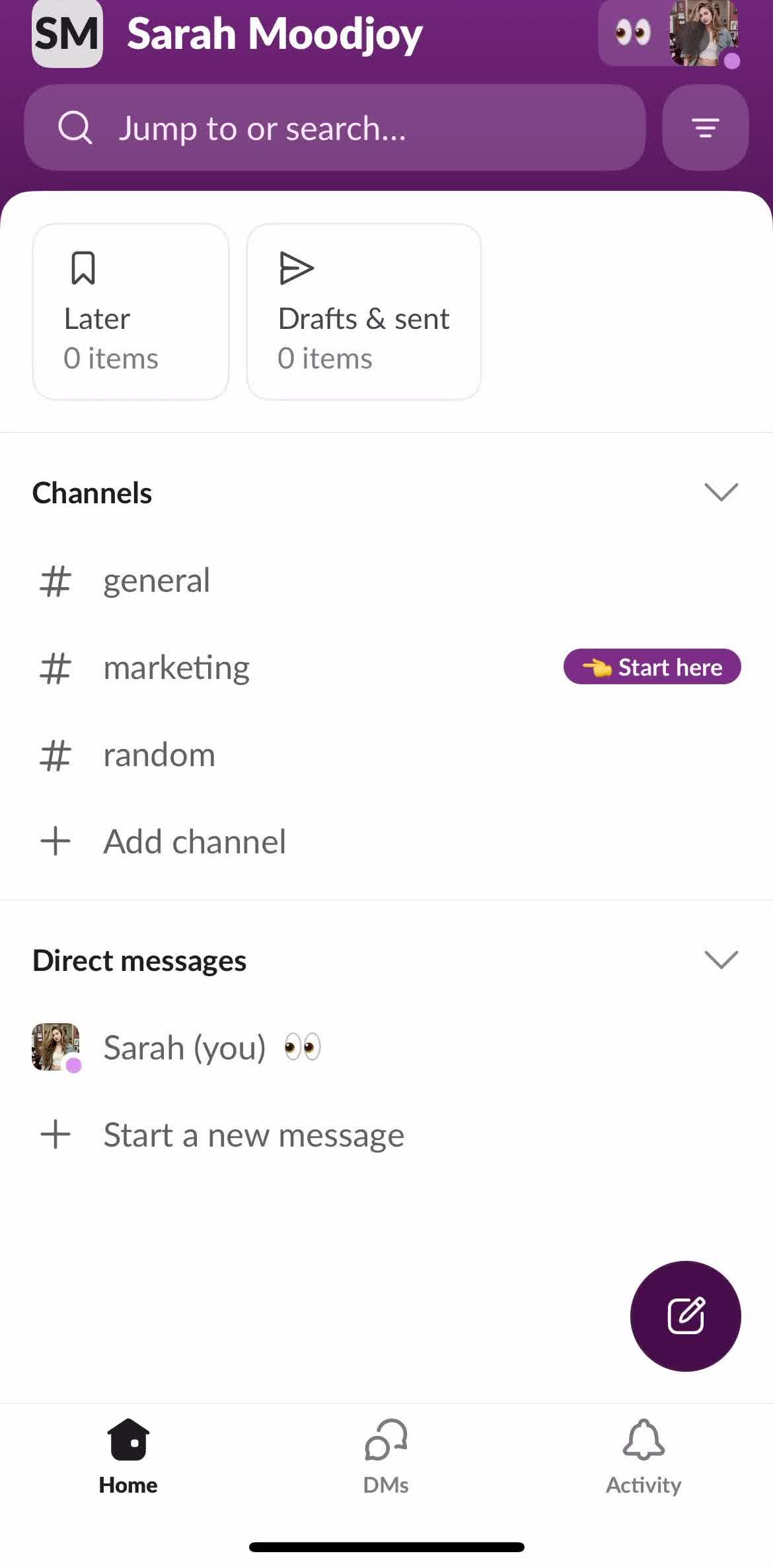 Slack Home screen in the Help Center flow