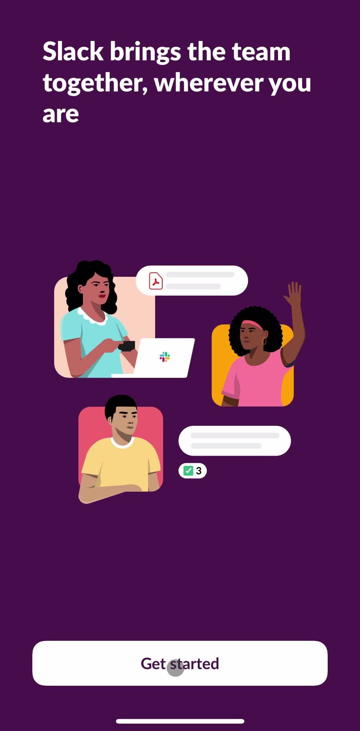 Slack Get started screen in the Logging In flow