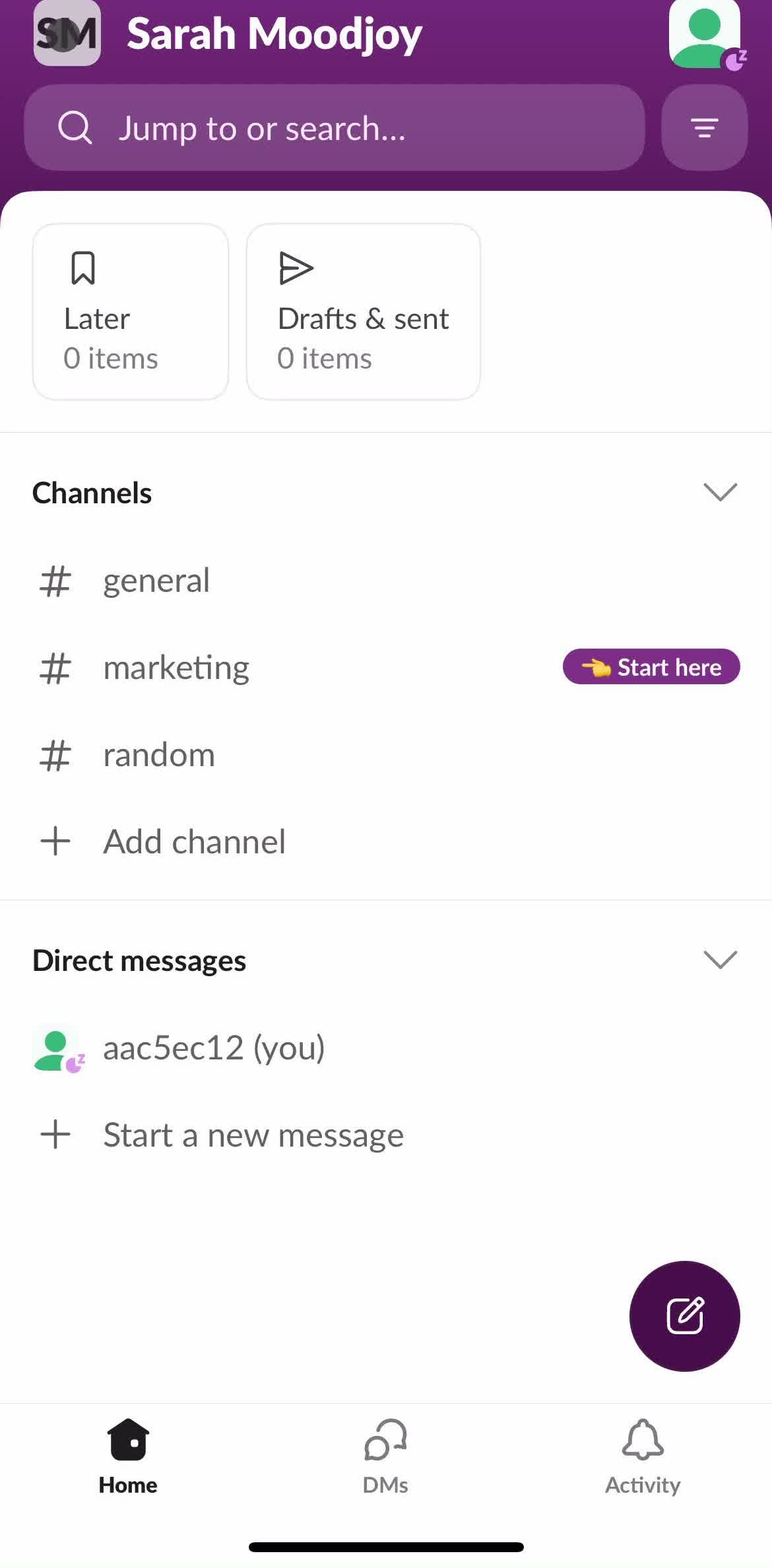 Slack Home screen in the Logging Out flow