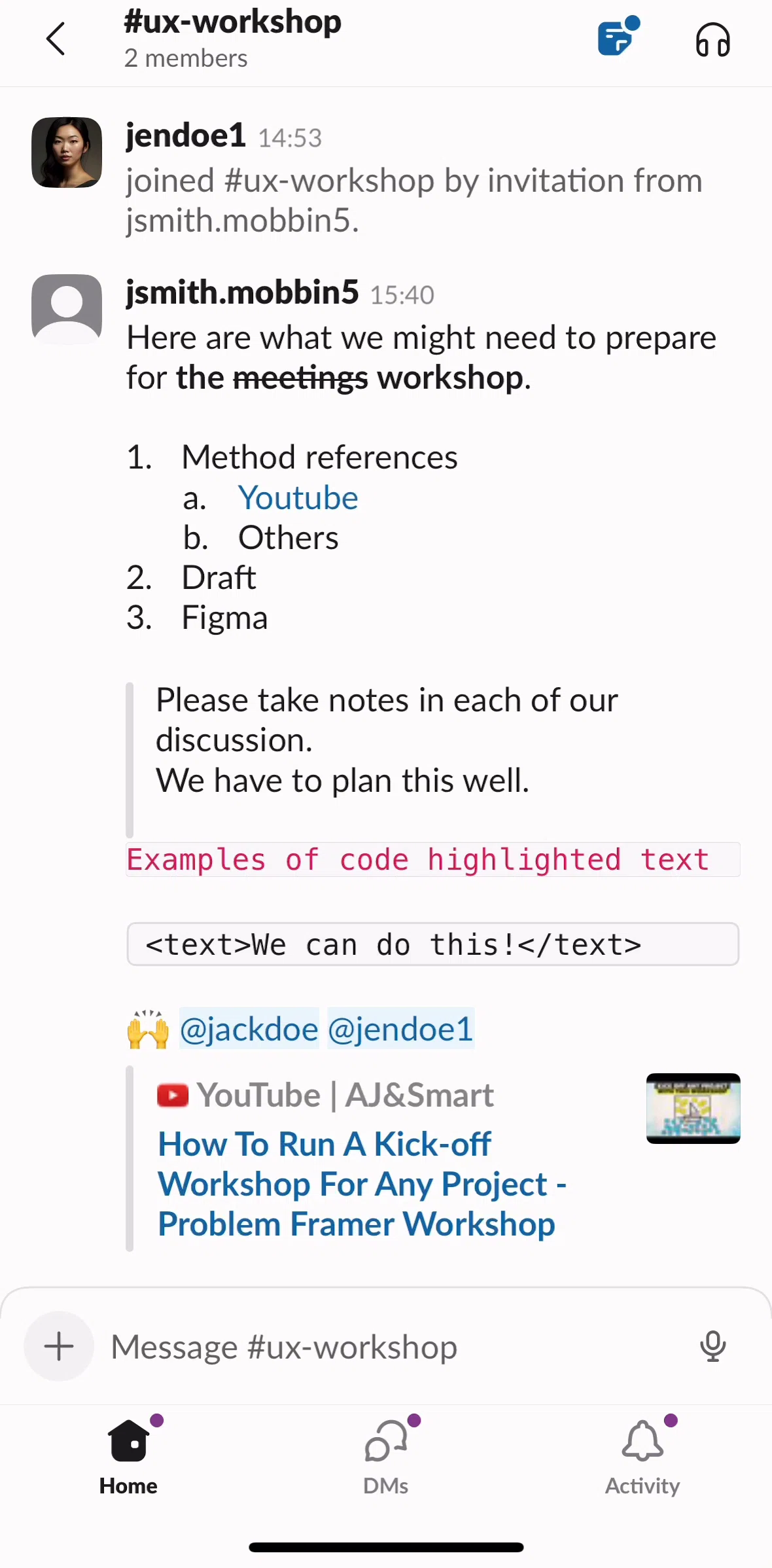 Slack Screen screen in the Message options flow