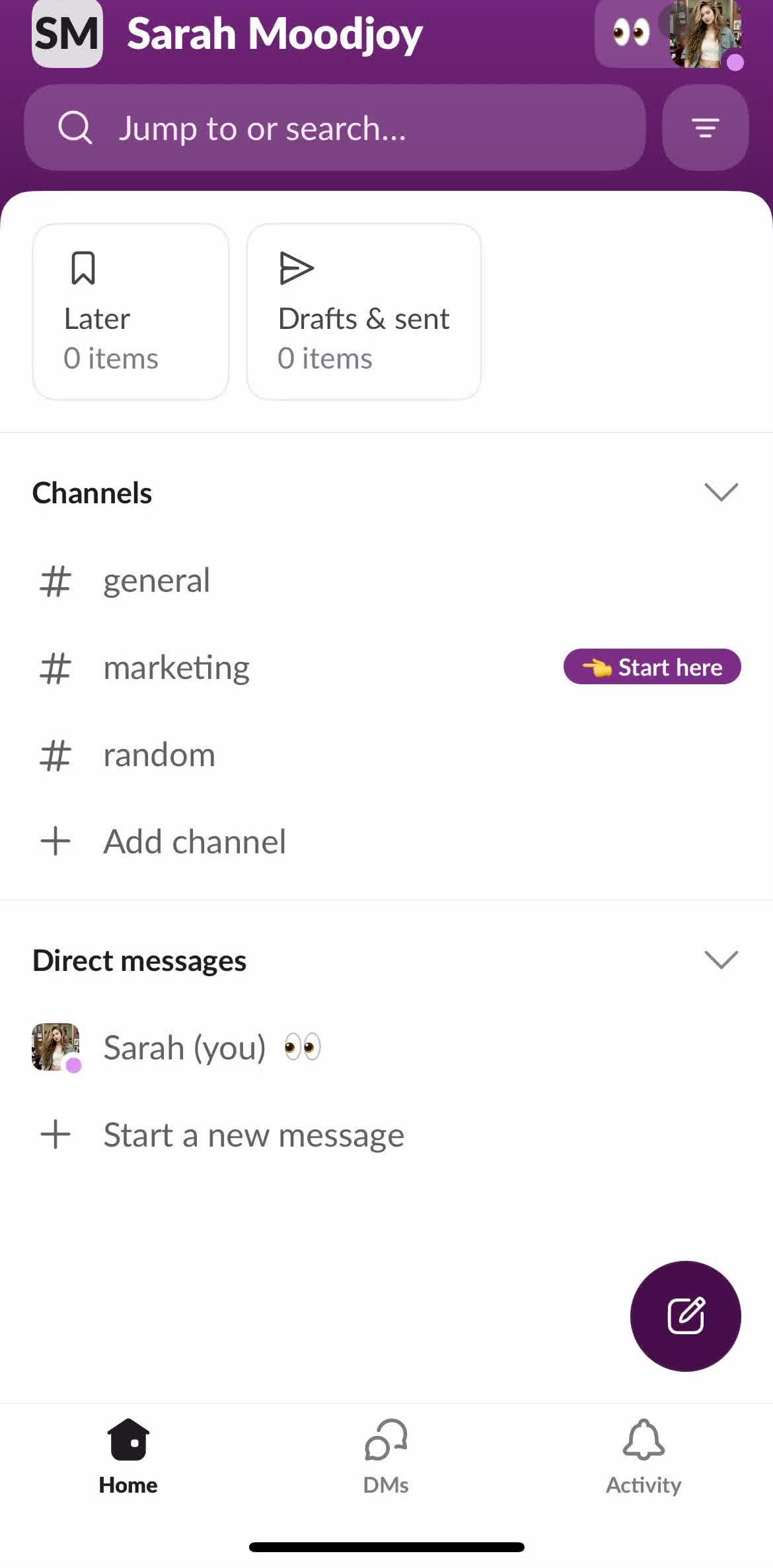 Slack Home screen in the Notification Settings flow