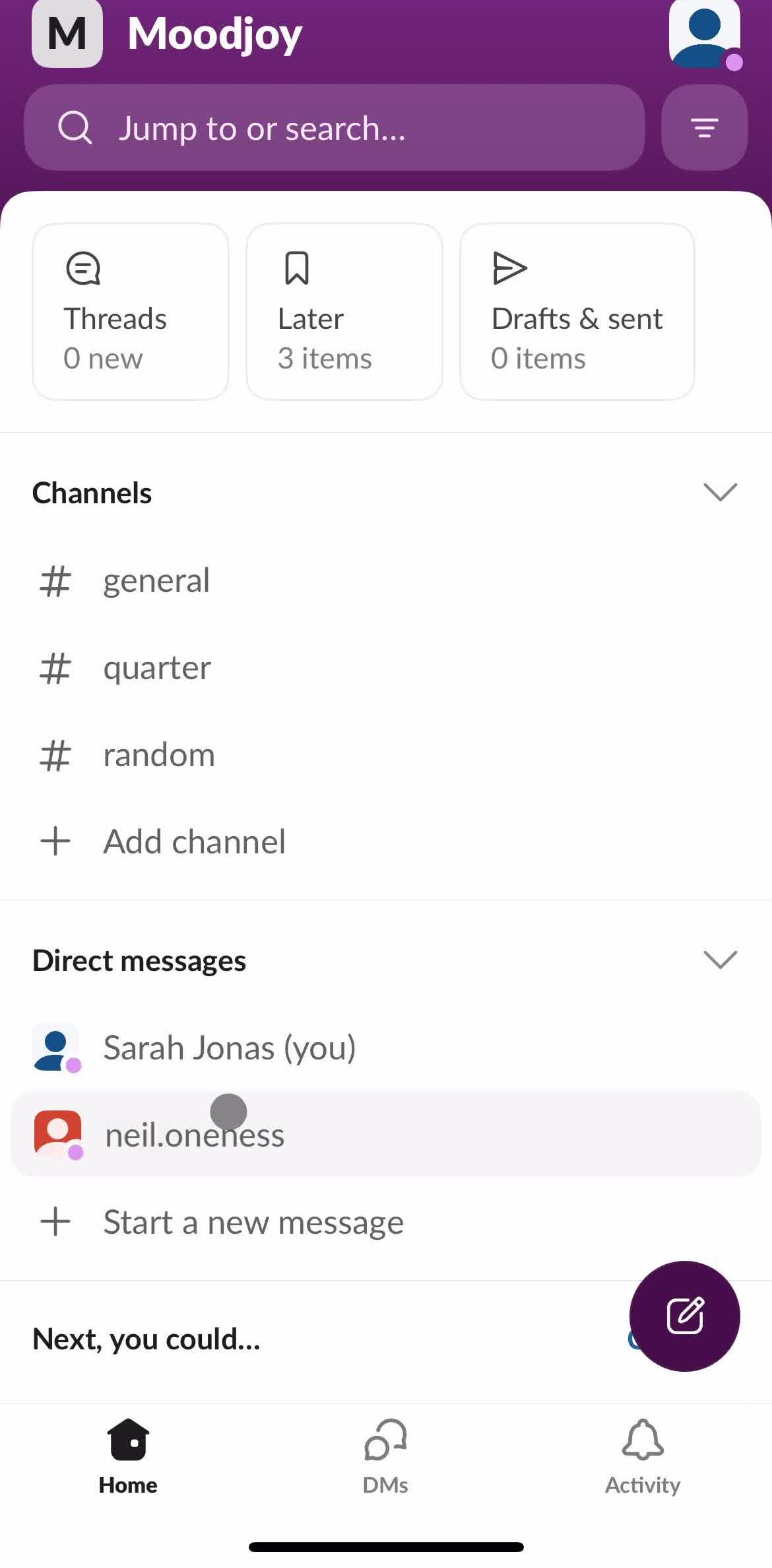 Slack Home screen in the Pinning A Message flow