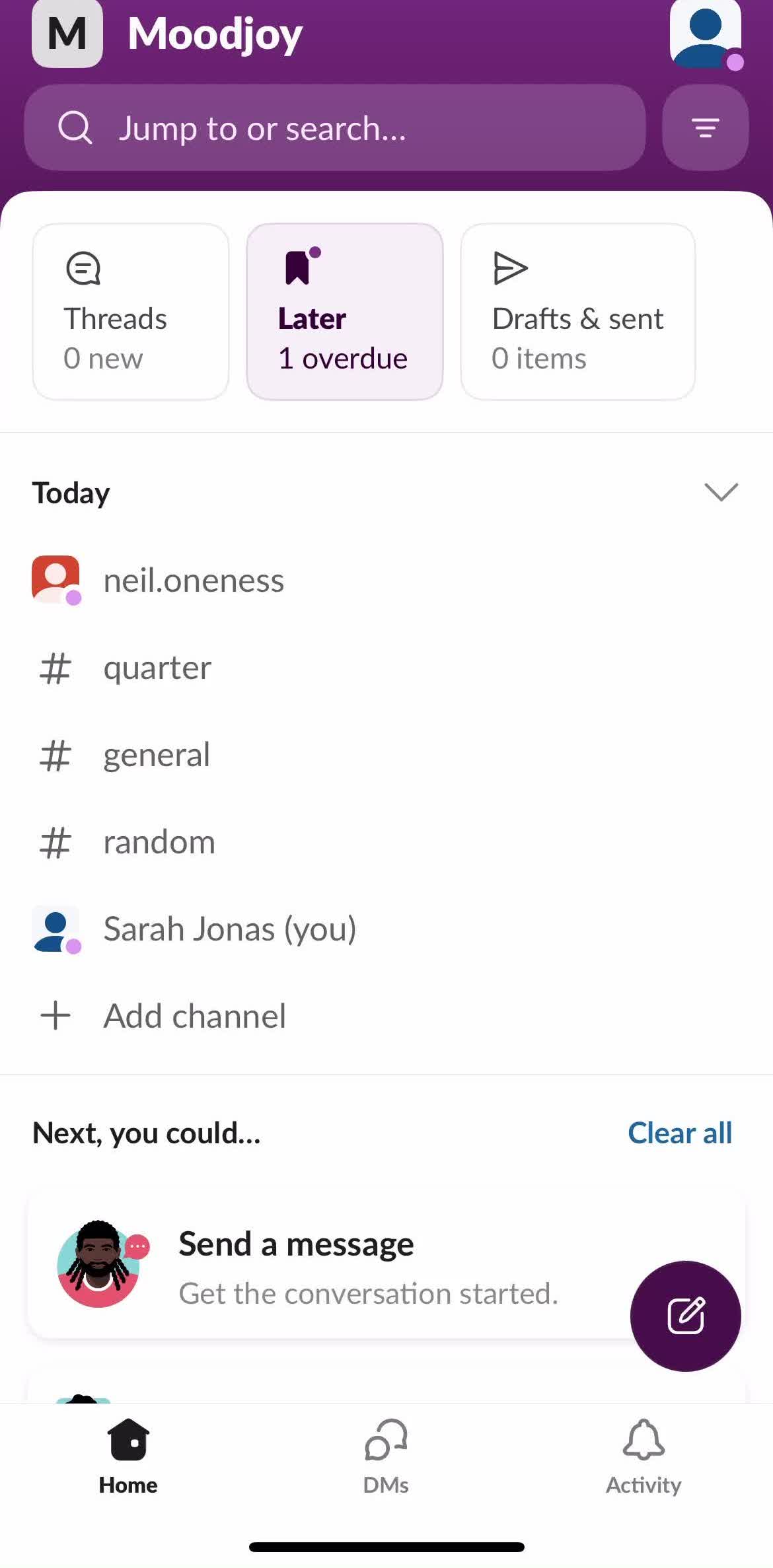 Slack Home screen in the Saving flow
