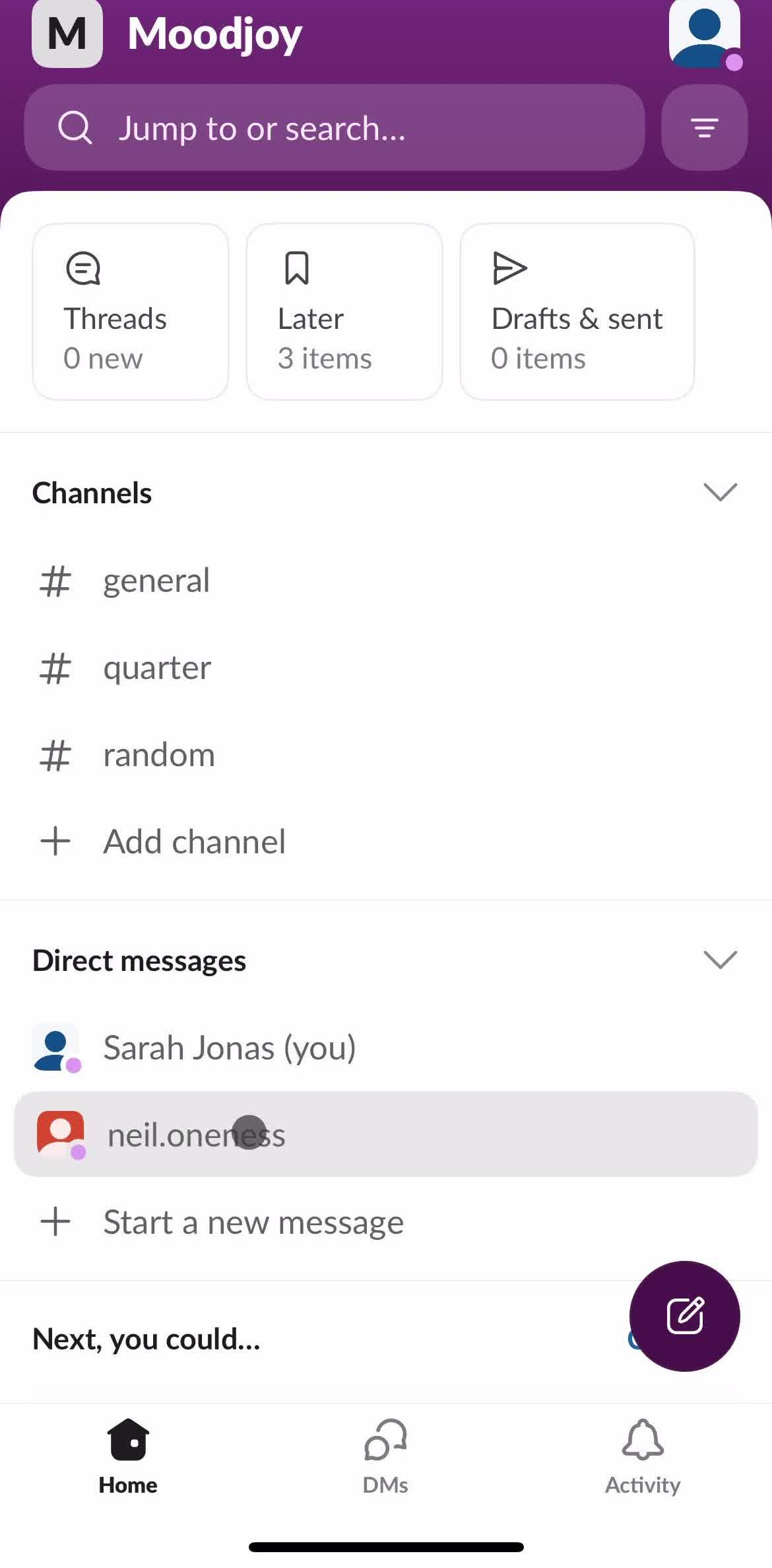 Slack Home screen in the Scheduling A Message flow