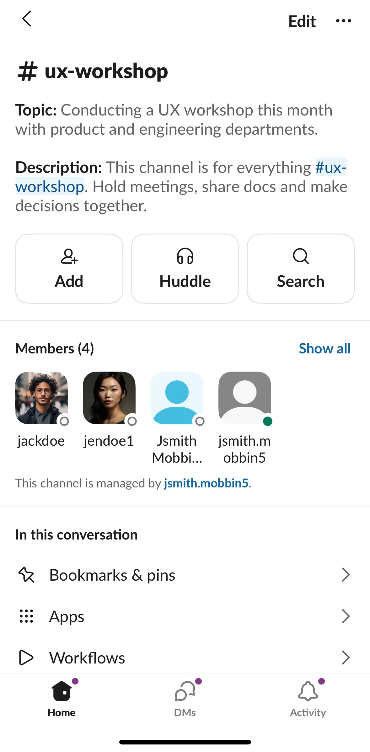 Slack Screen screen in the Searching channel flow