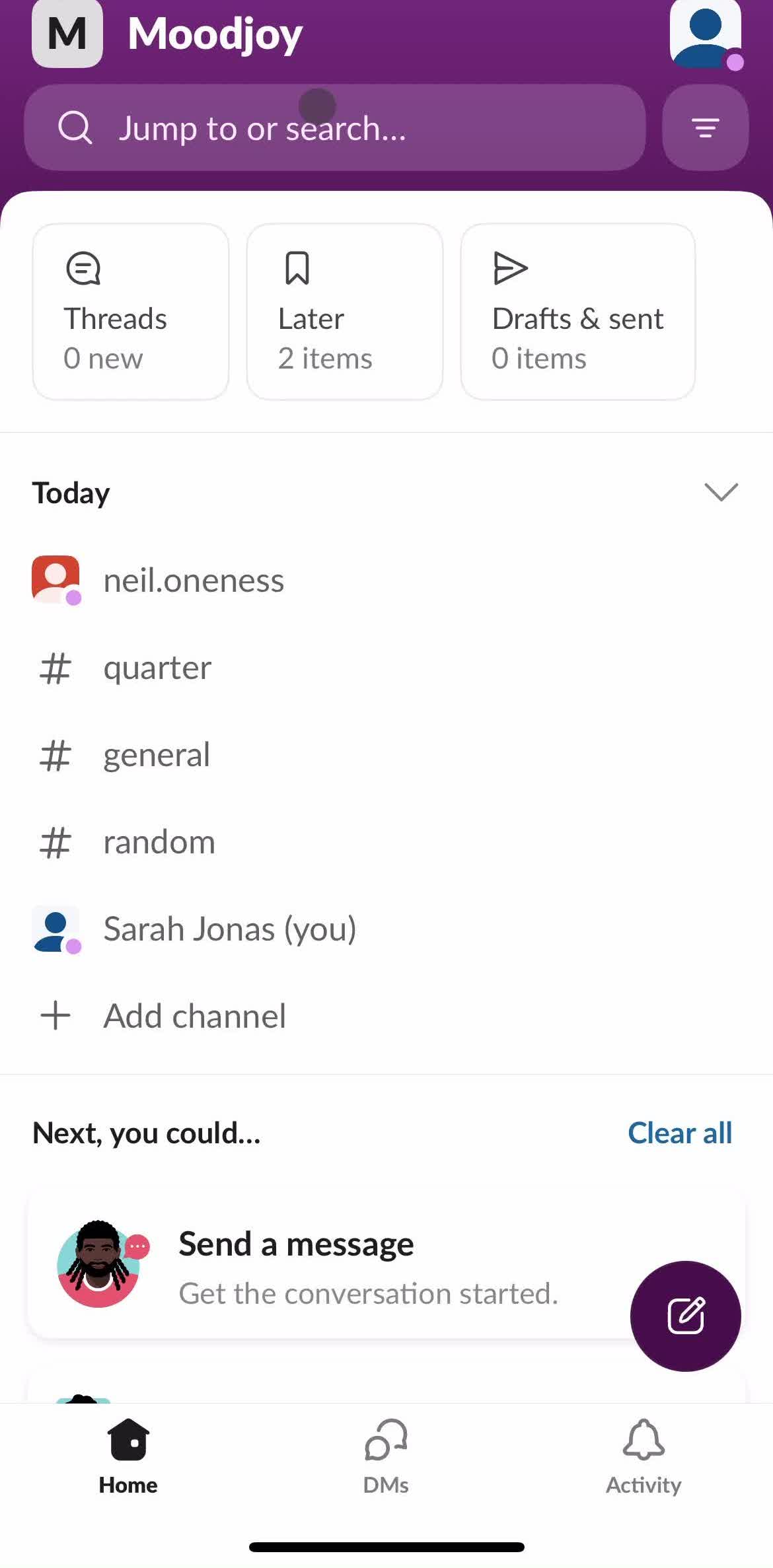 Slack Home screen in the Searching flow