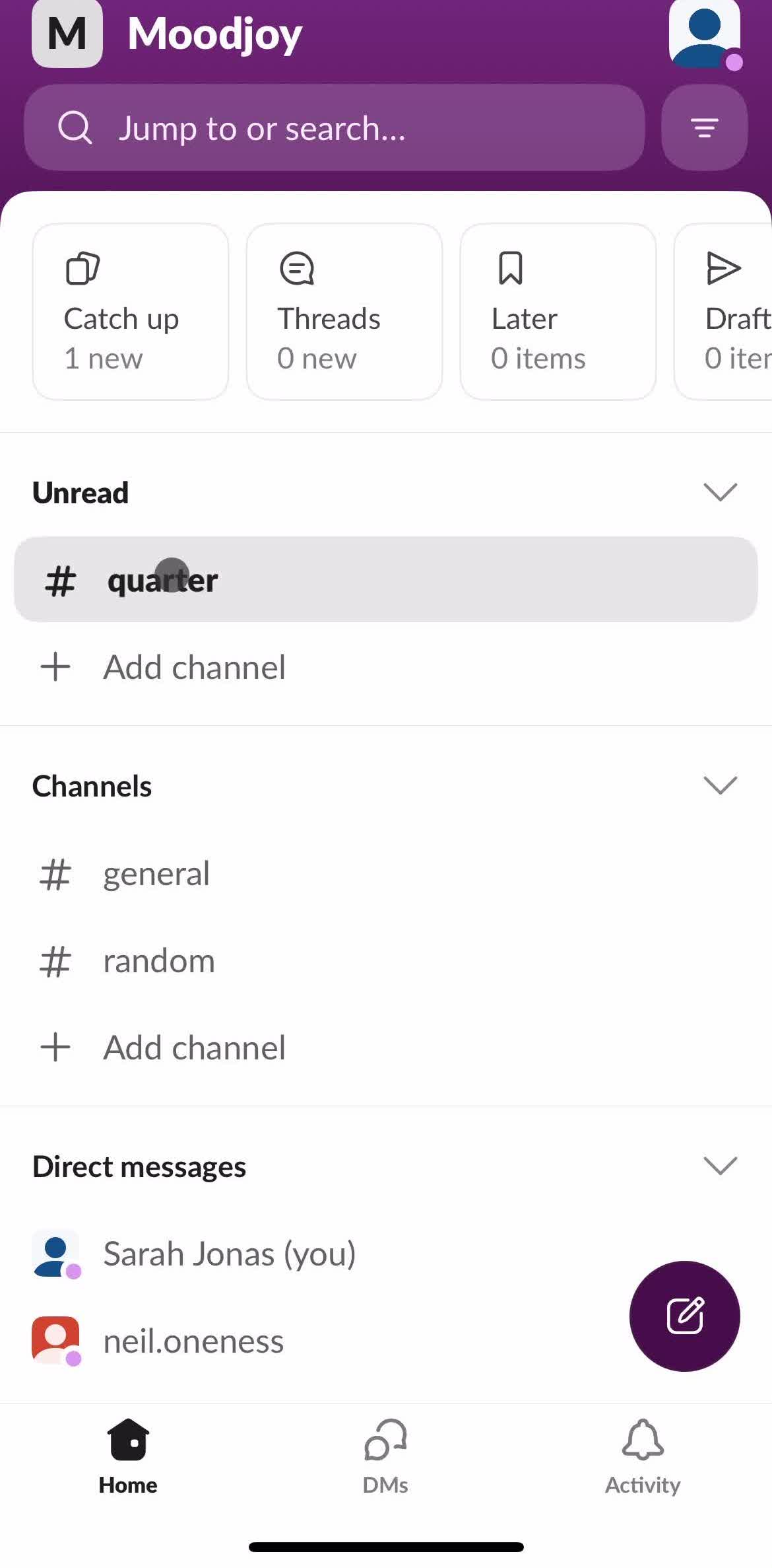 Slack Home screen in the Sending Messages flow