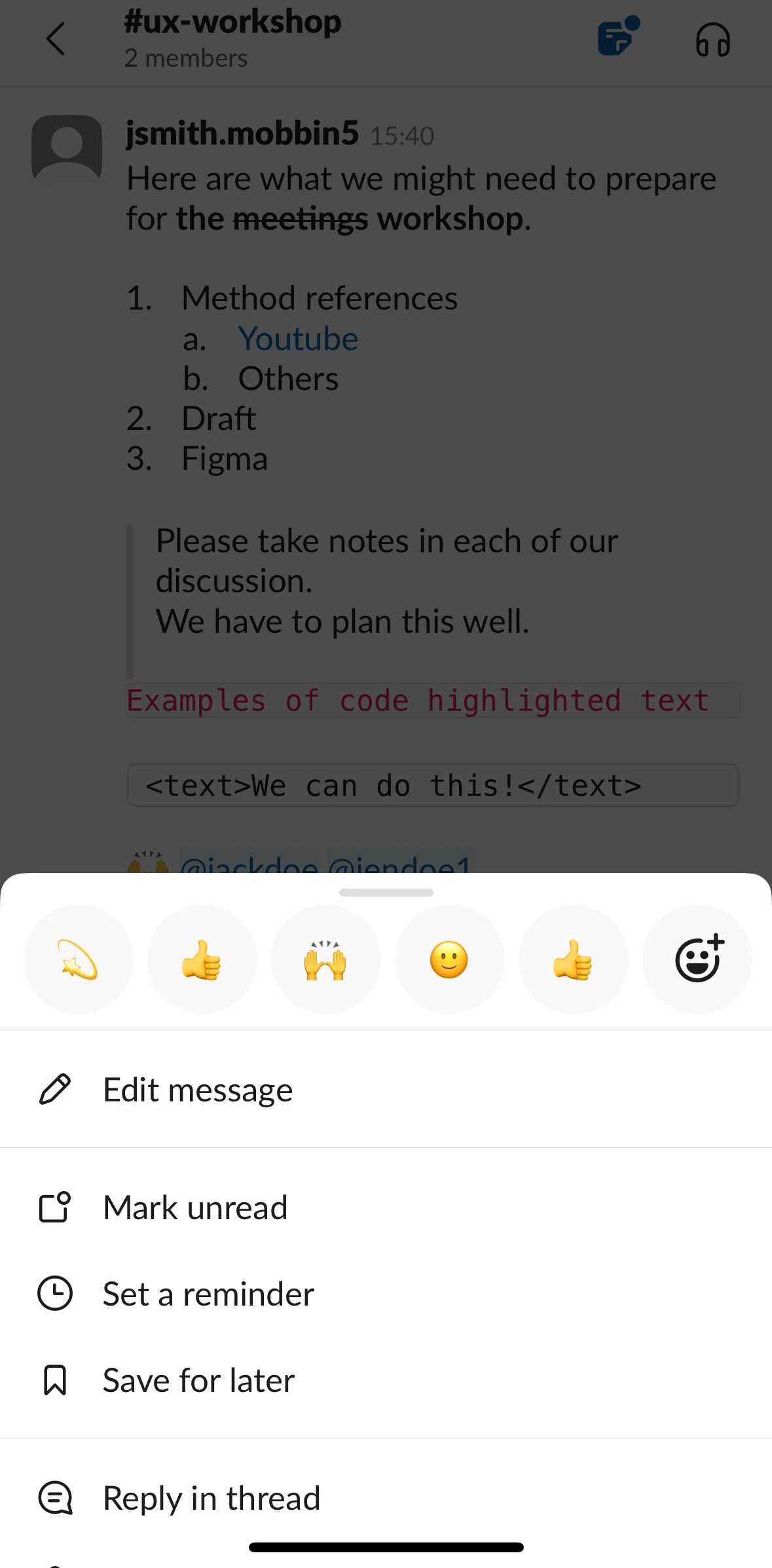 Slack Screen screen in the Setting a reminder flow