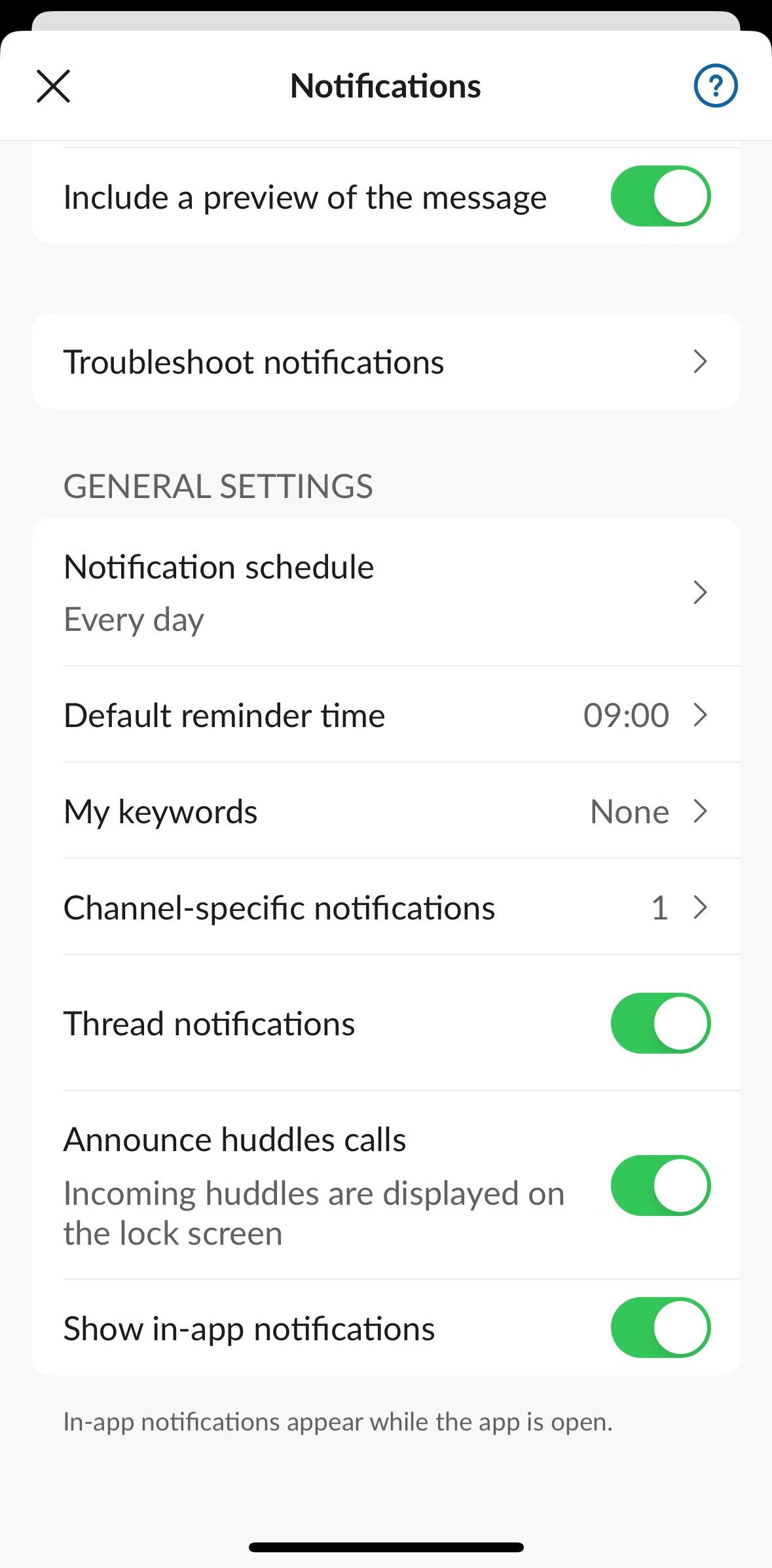 Slack Screen screen in the Setting default reminder time flow