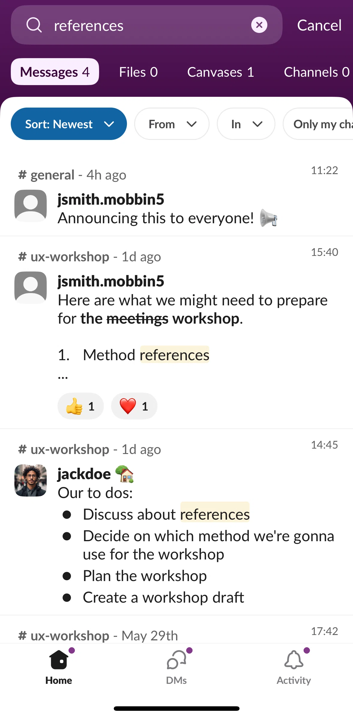 Slack Screen screen in the Sorting and filtering search results flow