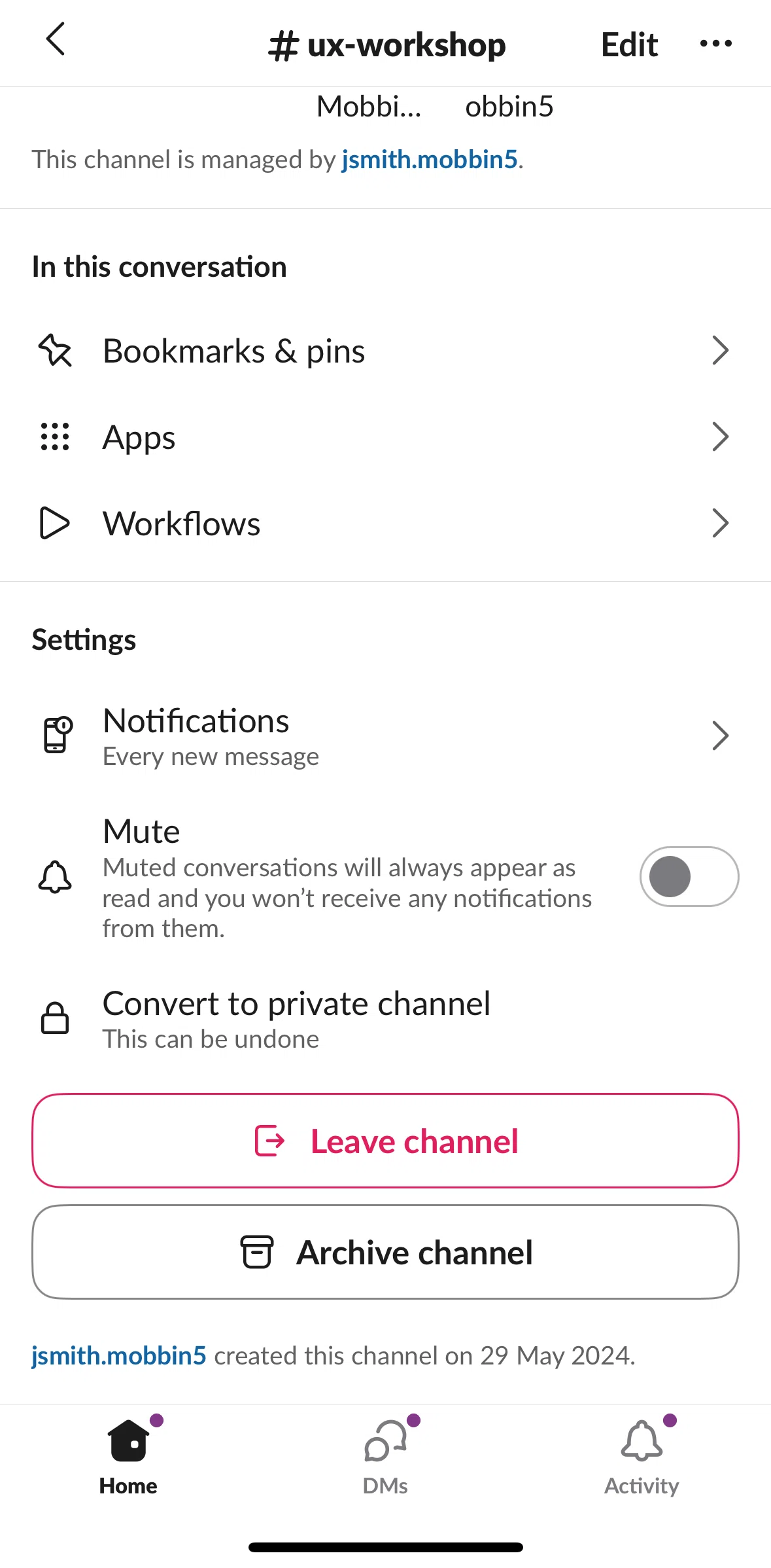 Slack Screen screen in the Updating channel notifications flow