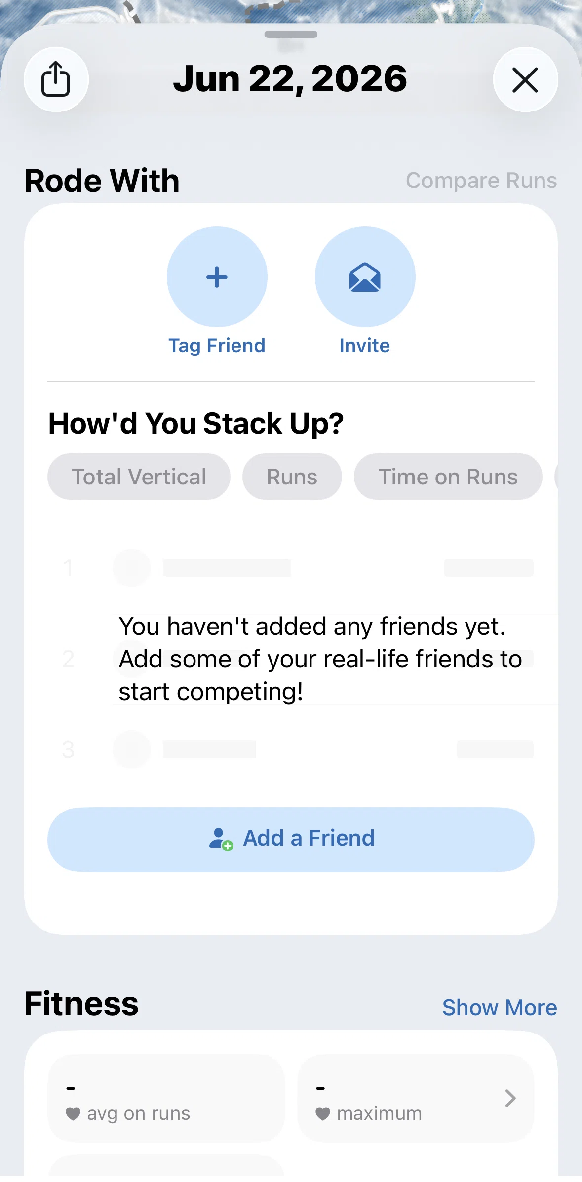 Slopes Screen screen in the Adding a friend to an activity flow