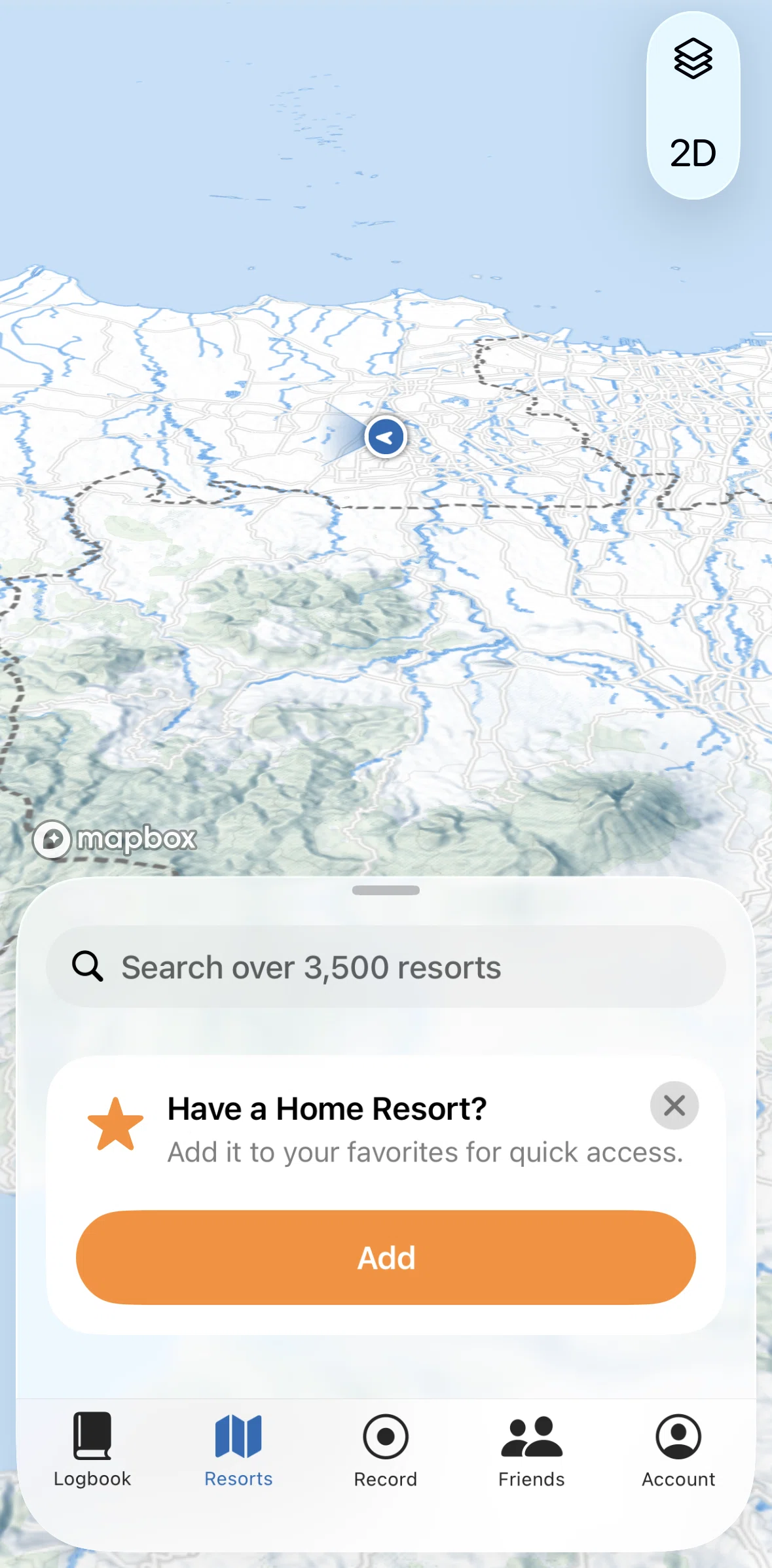 Slopes Screen screen in the Adding a home resort to favorites flow