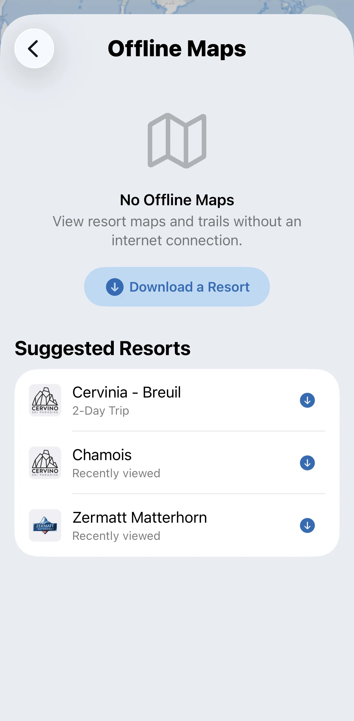 Slopes Screen screen in the Downloading offline maps flow
