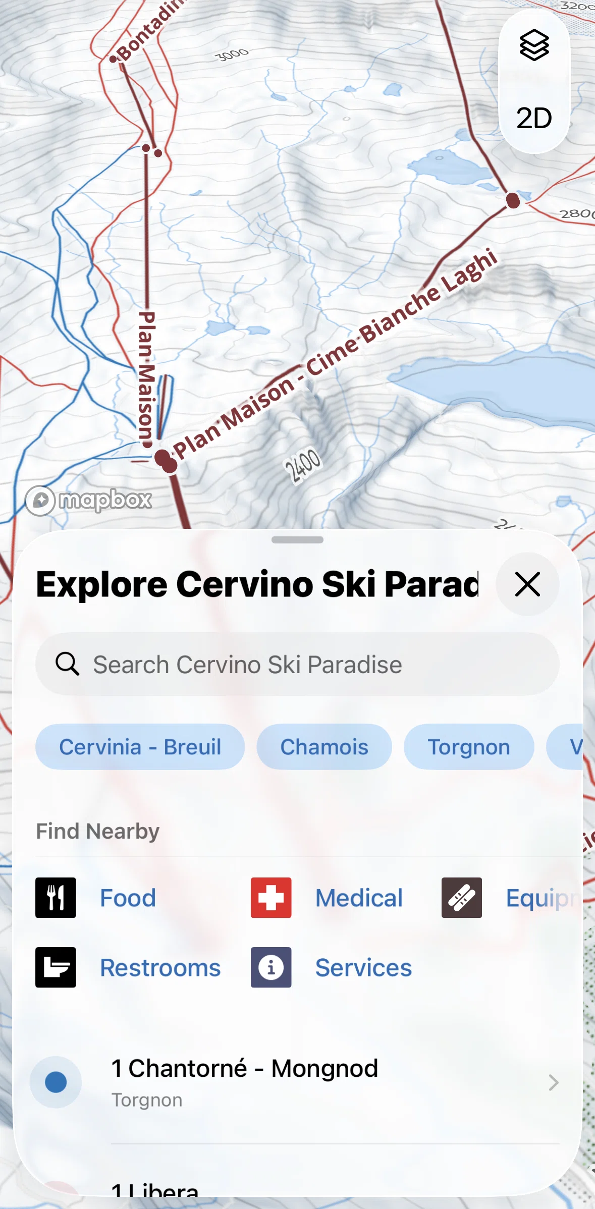 Slopes Screen screen in the Find nearby flow