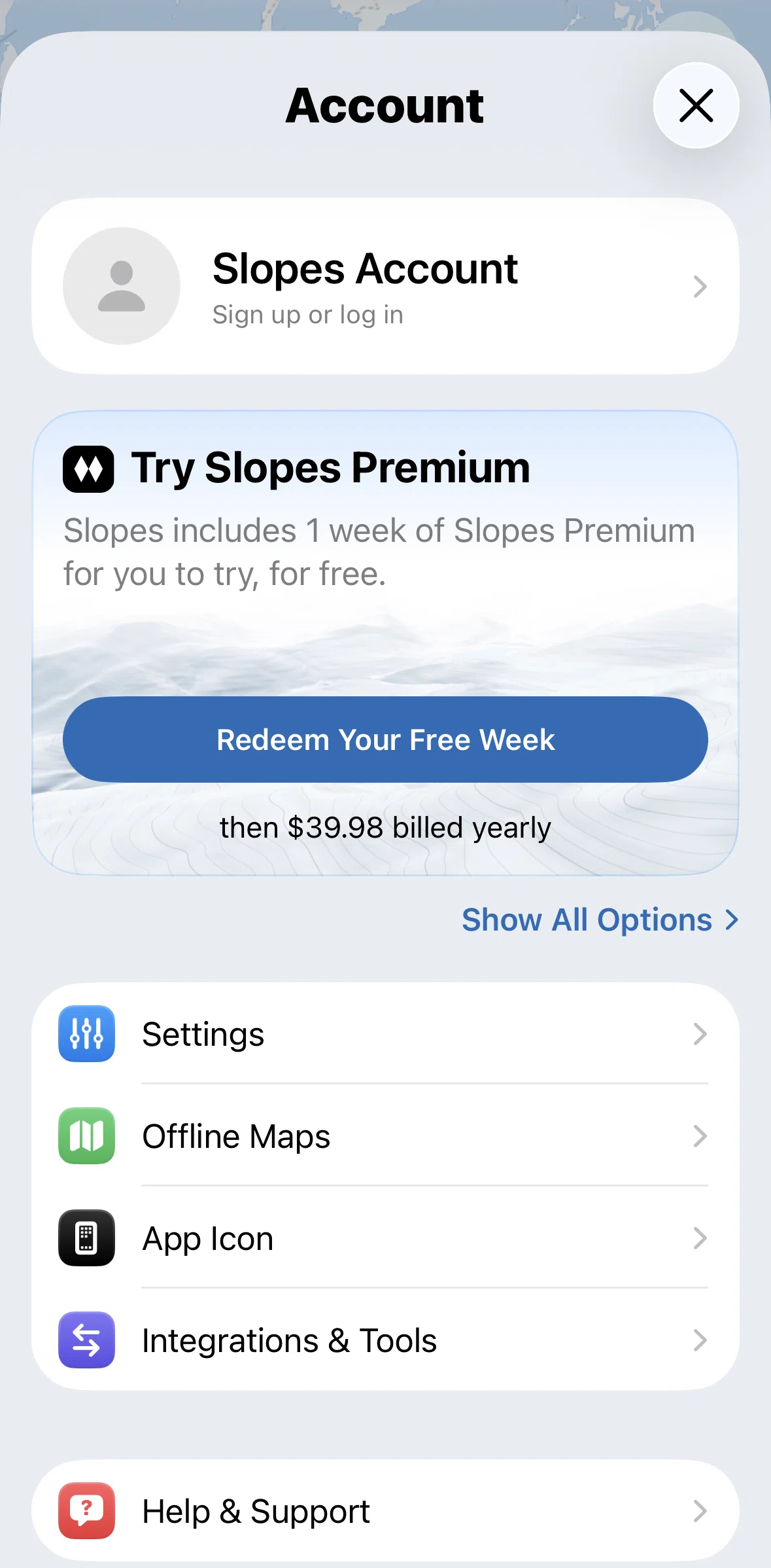 Slopes Screen screen in the Logging in flow
