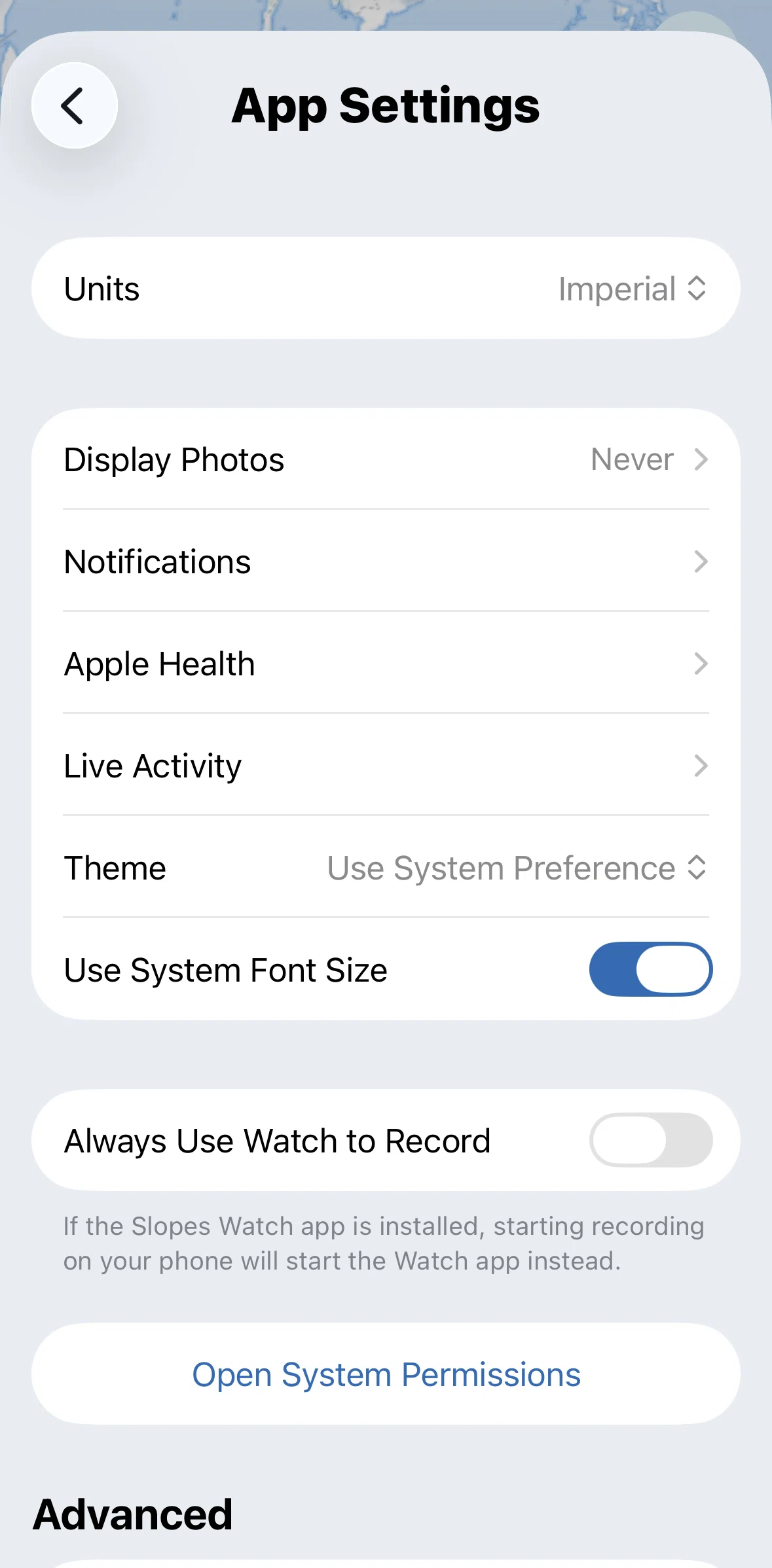 Slopes Screen screen in the Notifications flow