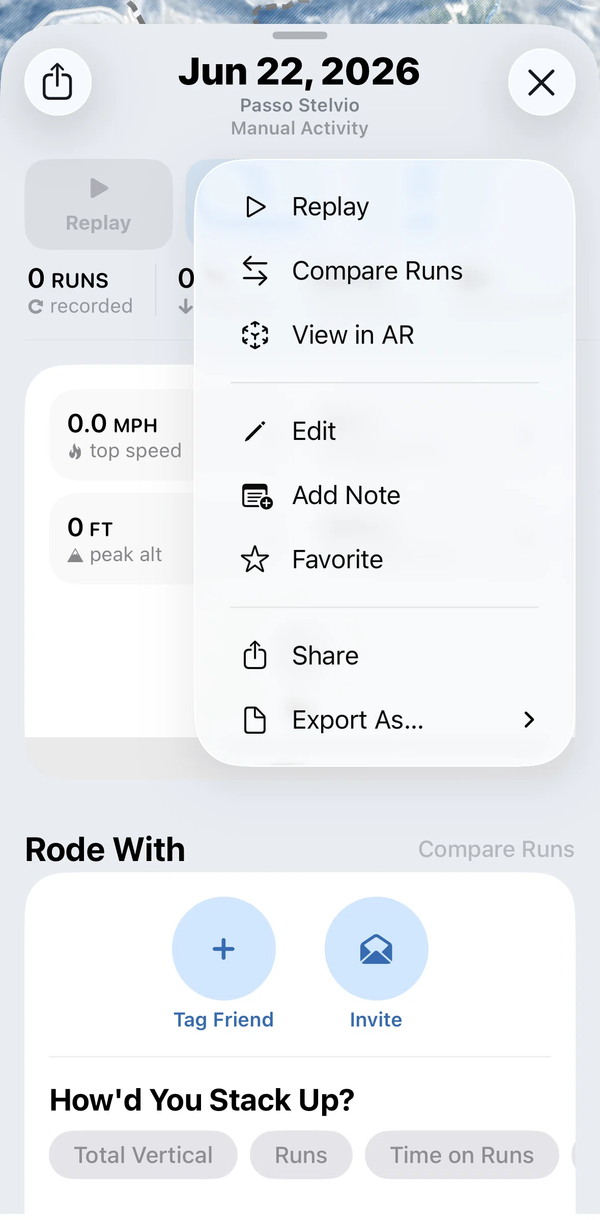 Slopes Screen screen in the Share an activity flow