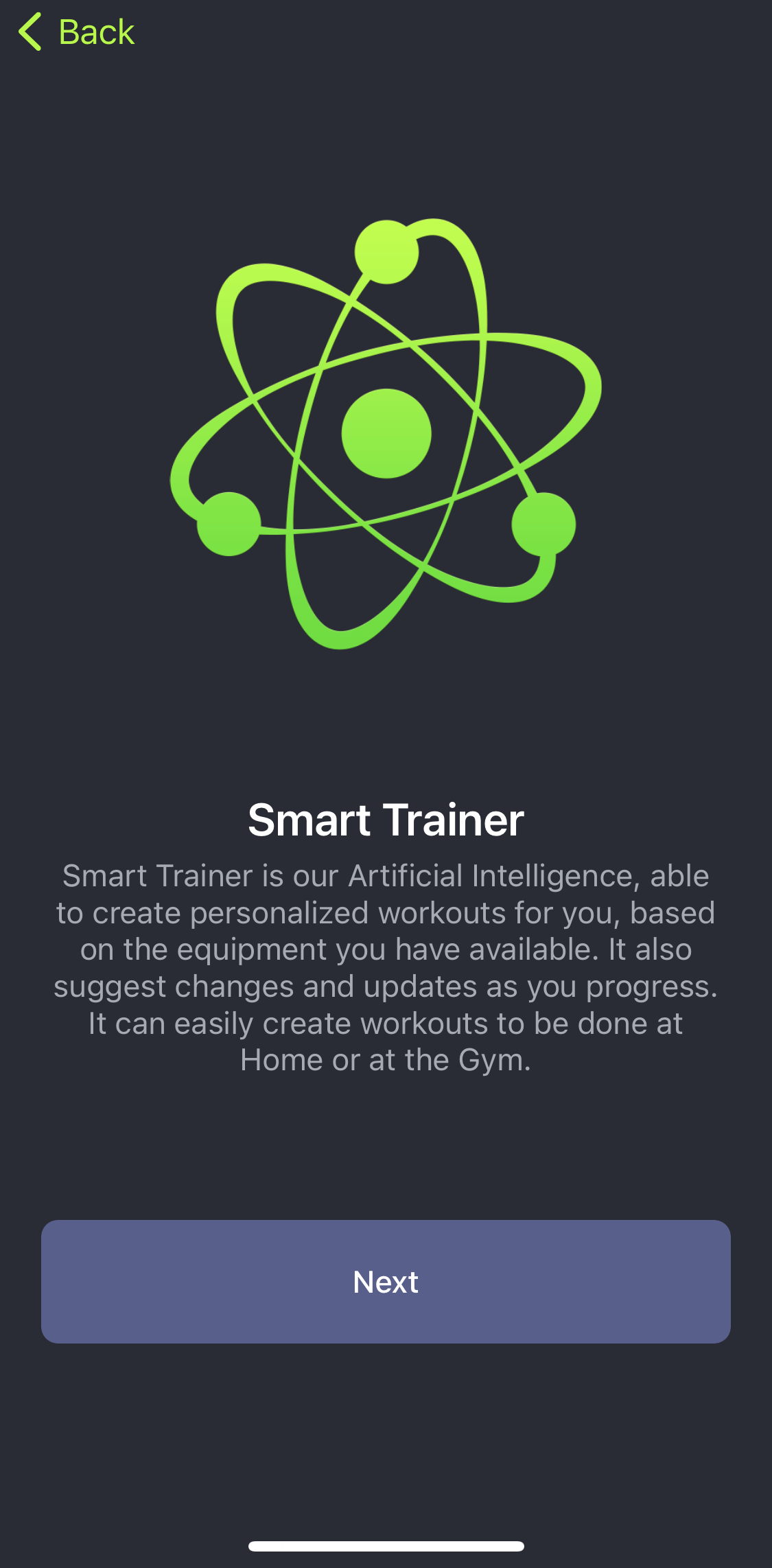 Smartgym Welcome slides screen in the General Browsing flow