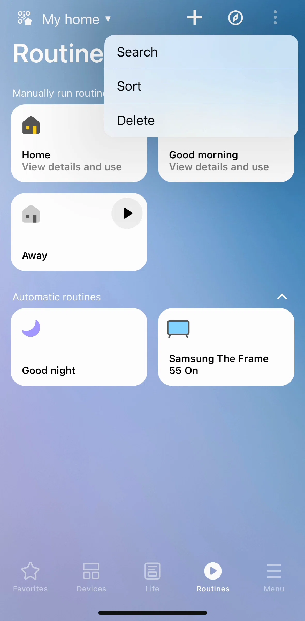 SmartThings Screen screen in the Deleting a routine flow