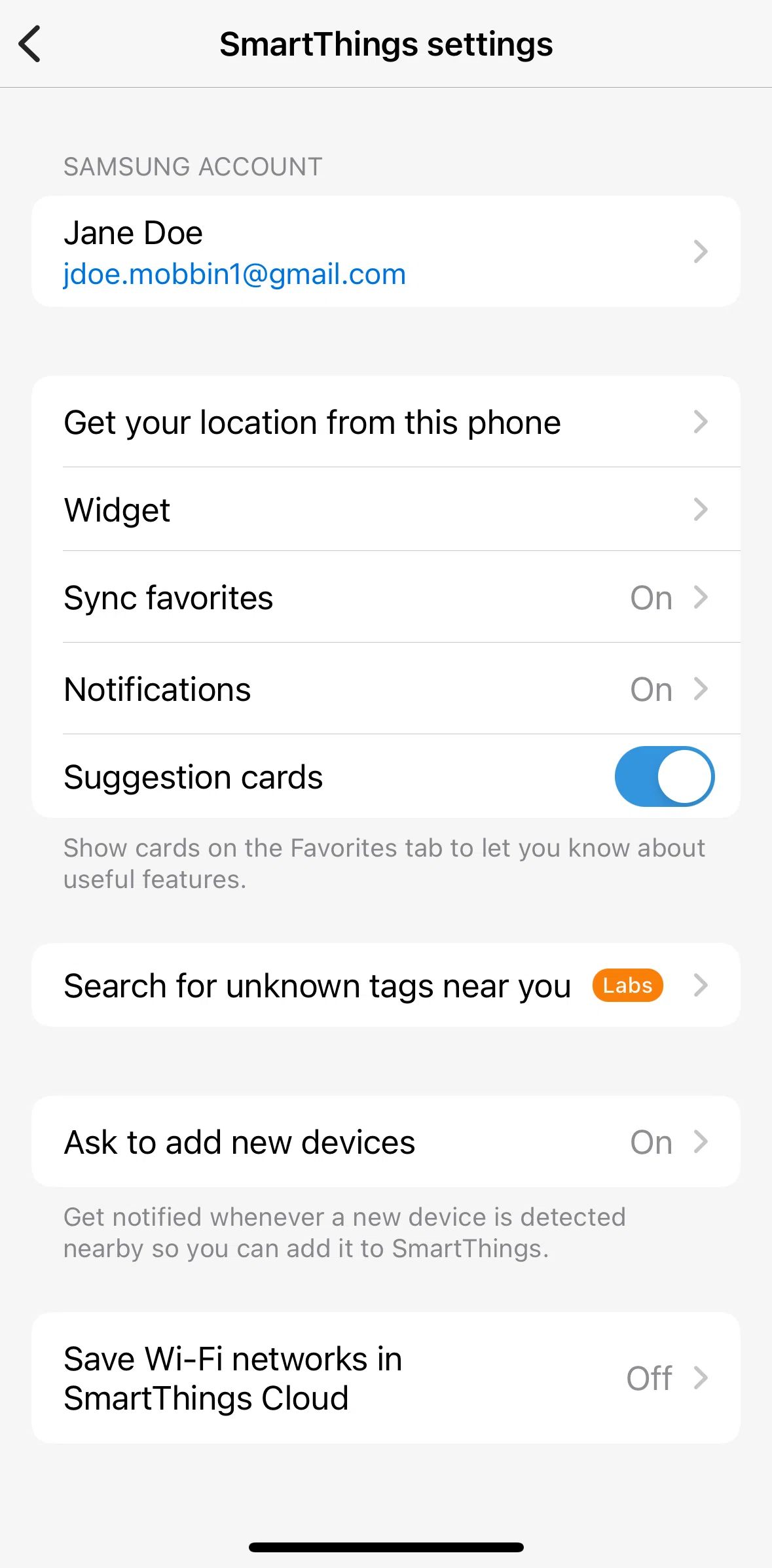 SmartThings Screen screen in the Sync favorites flow