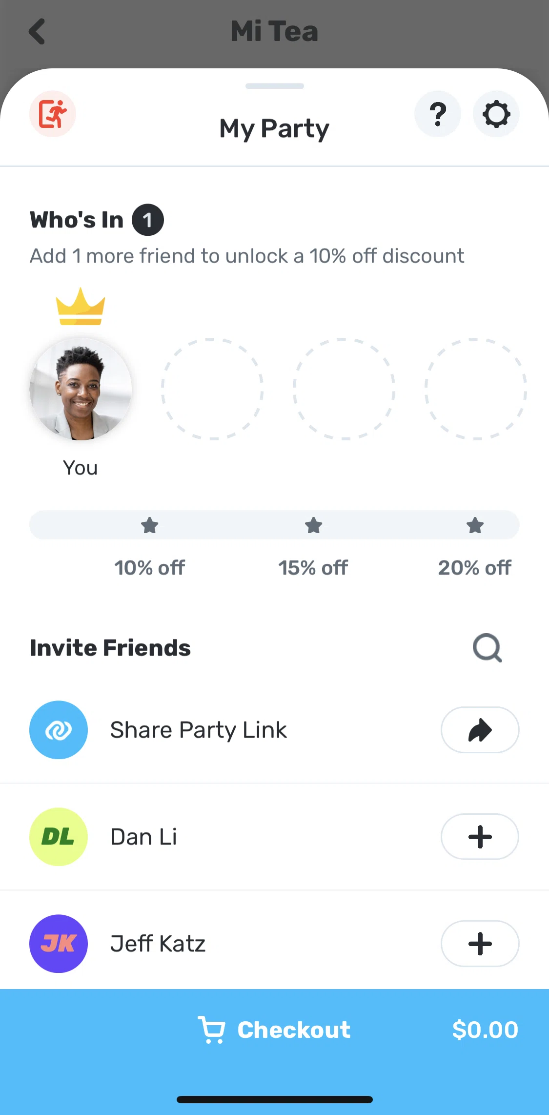 Snackpass Screen screen in the Inviting a friend to party flow