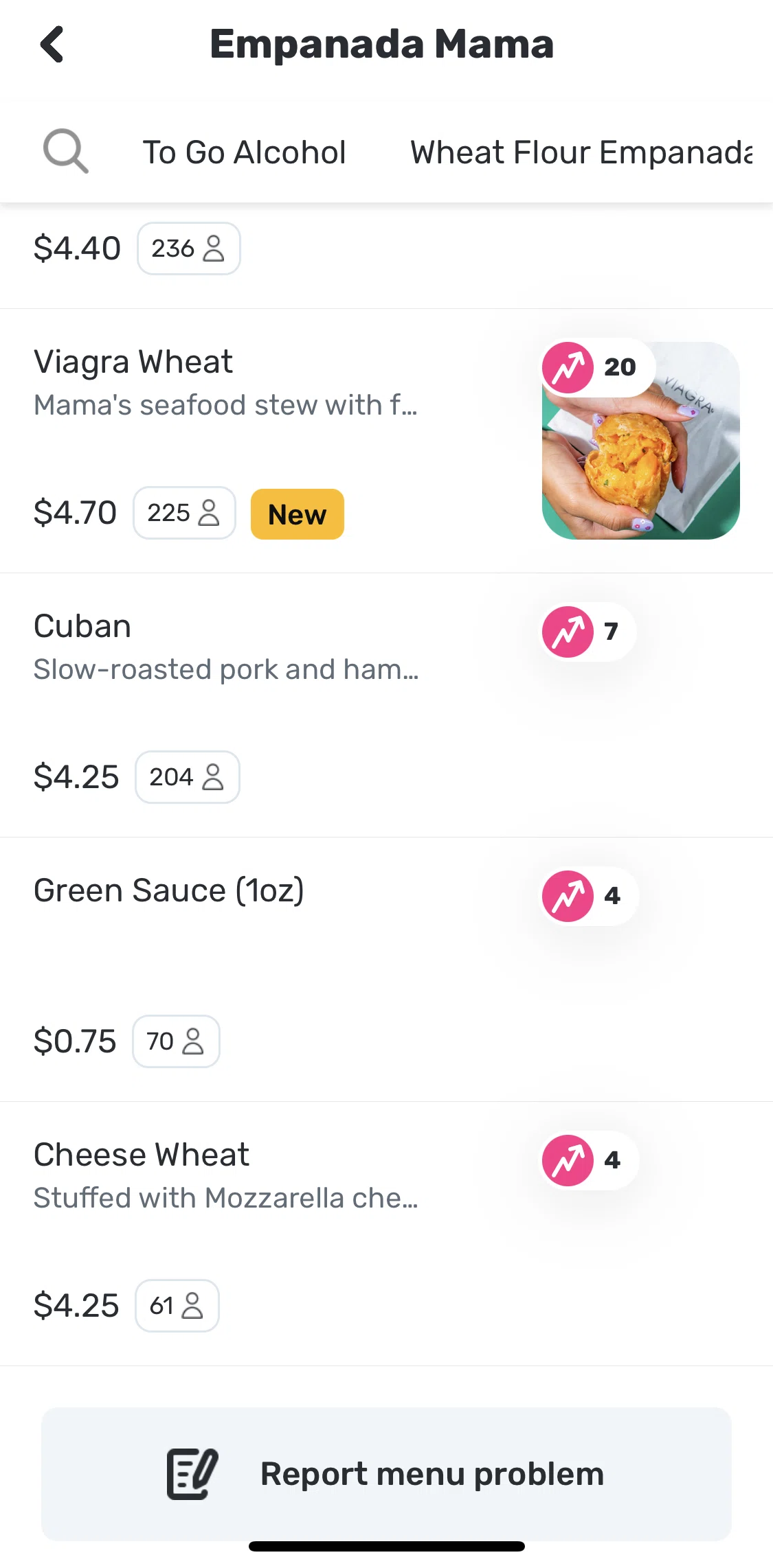 Snackpass Screen screen in the Reporting a menu problem flow