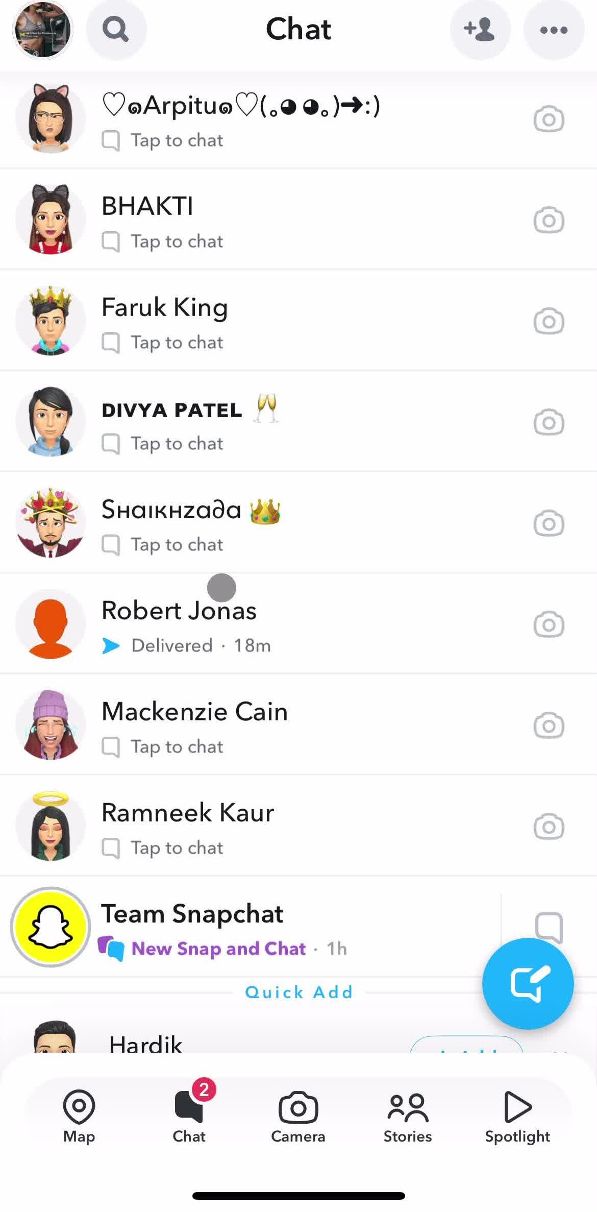 Snapchat Chat screen in the Calling flow