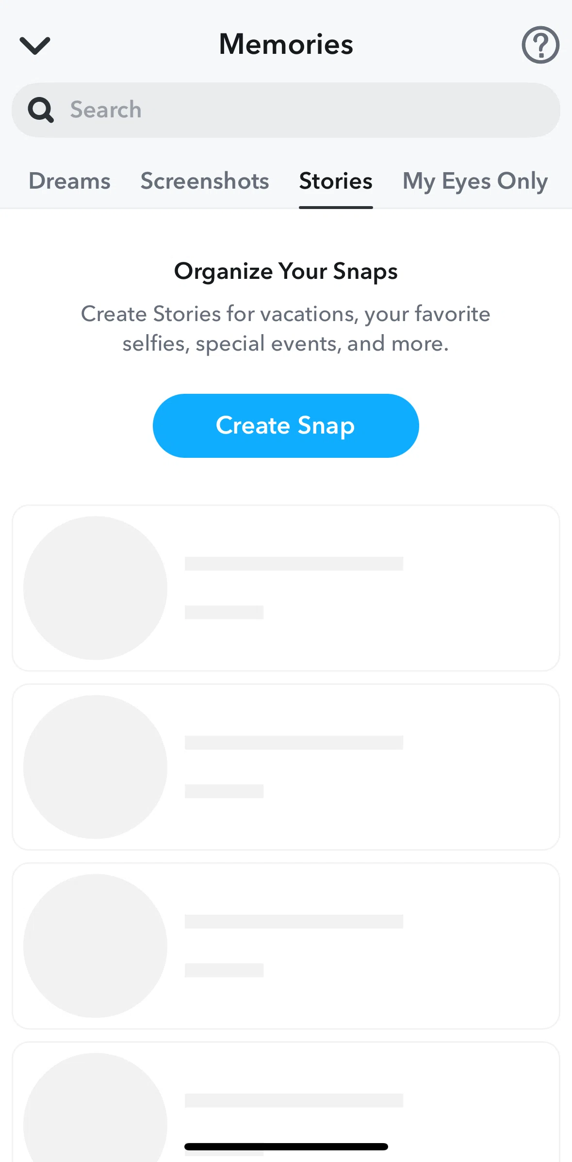 Snapchat Screen screen in the Creating a story (Memories) flow