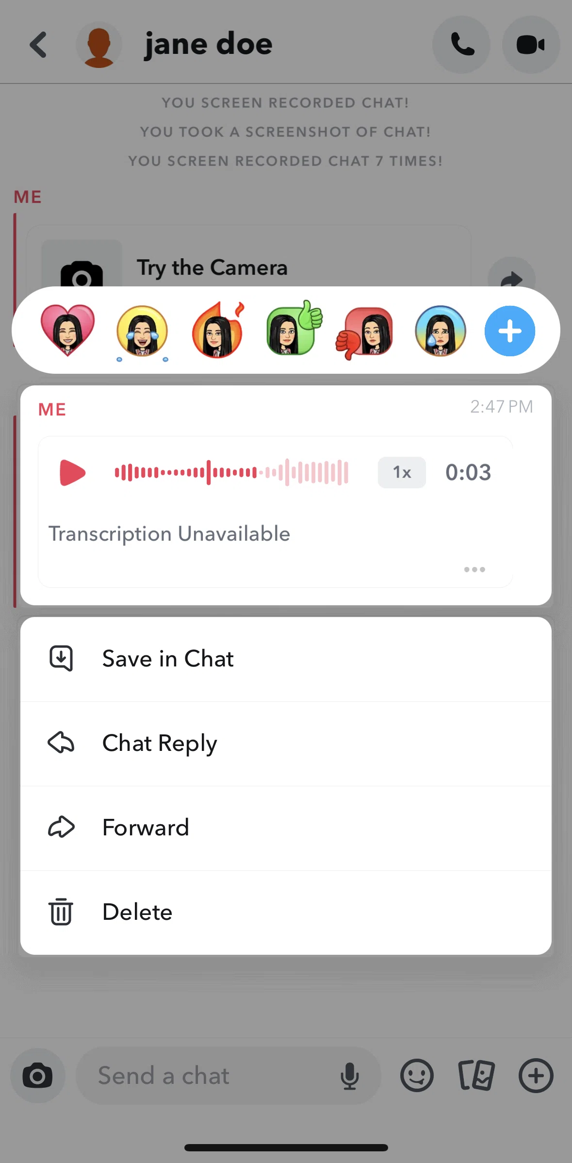 Snapchat Screen screen in the Deleting a message flow