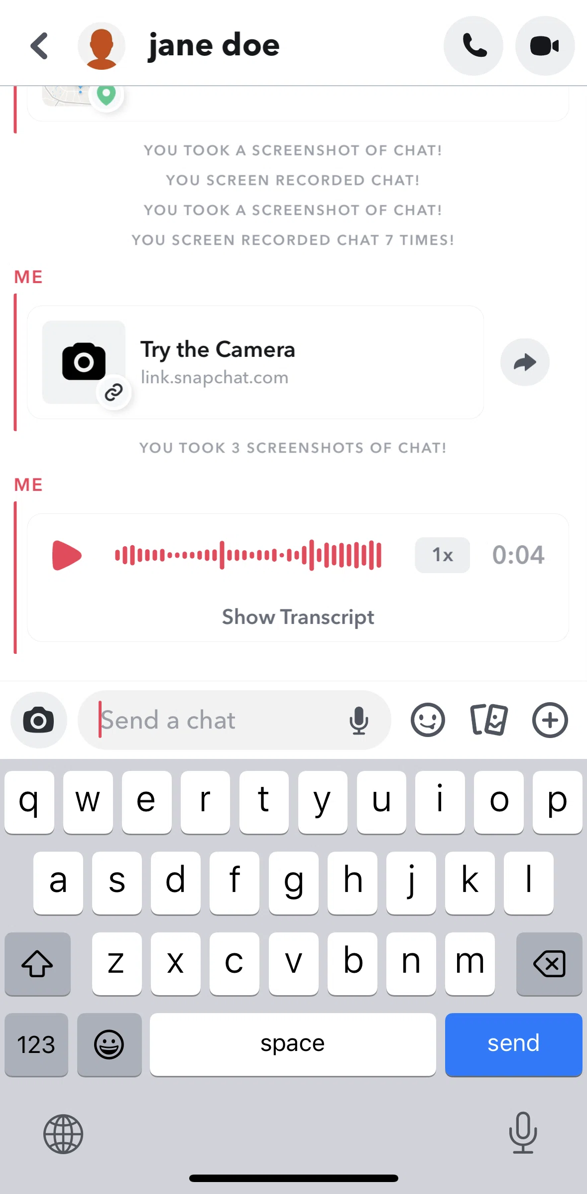 Snapchat Screen screen in the Liking a message flow