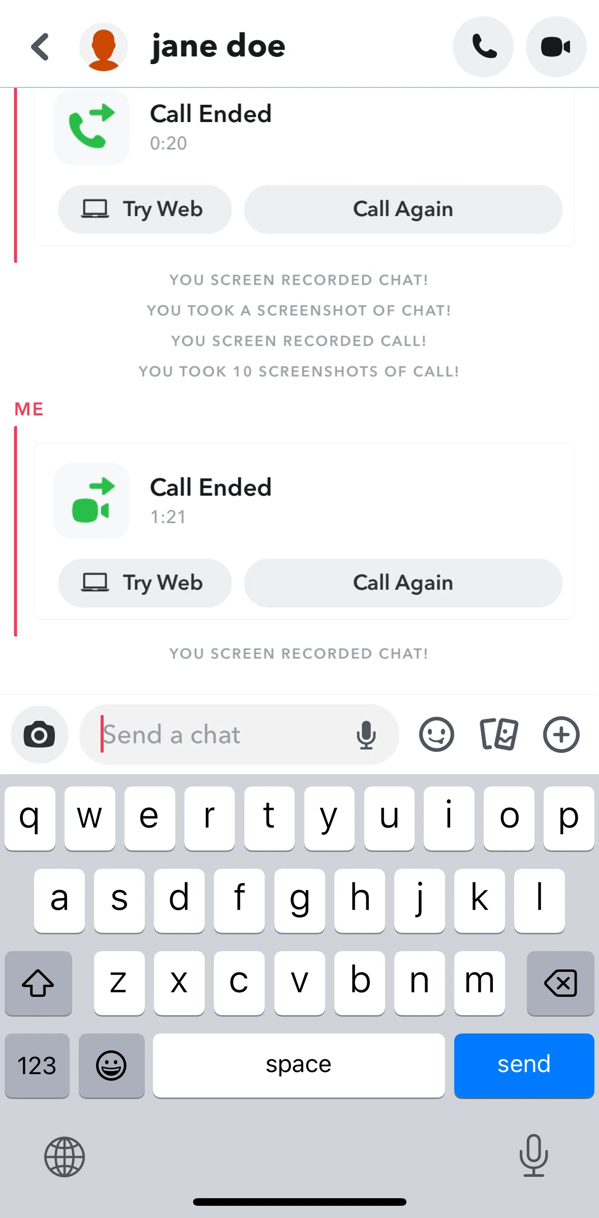 Snapchat Screen screen in the Recording an audio message flow