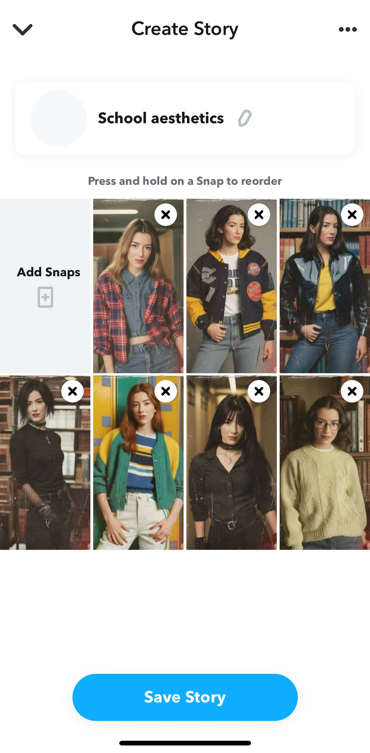 Snapchat Screen screen in the Reordering a snap flow