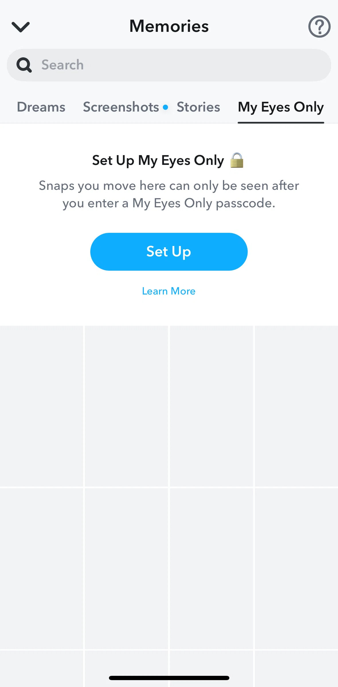 Snapchat Screen screen in the Setting up My Eyes Only flow