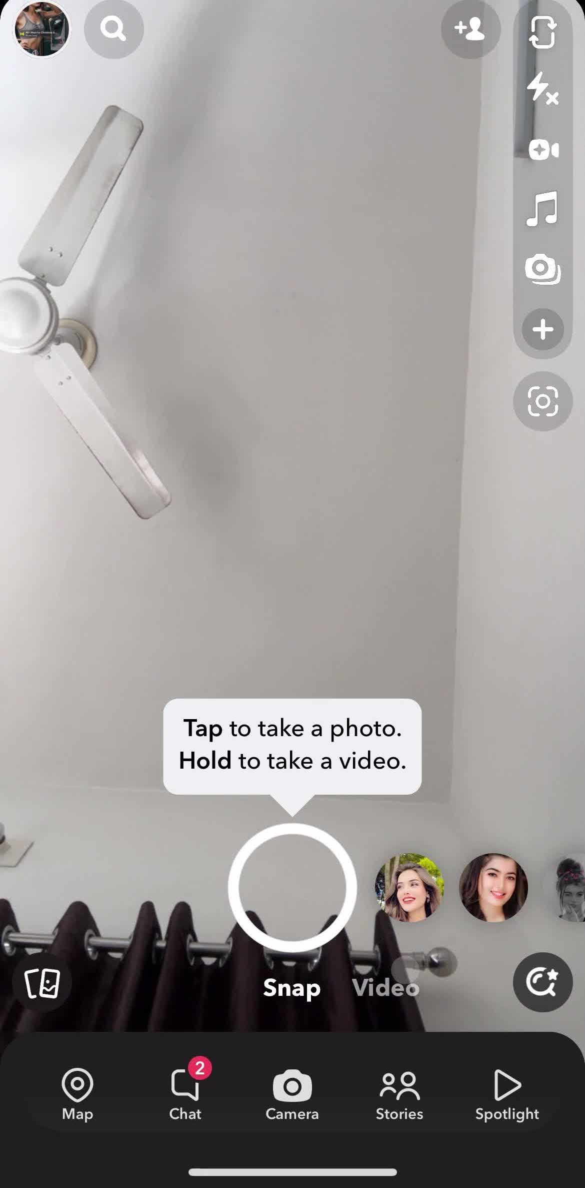 Snapchat Home screen in the Sharing A Video flow