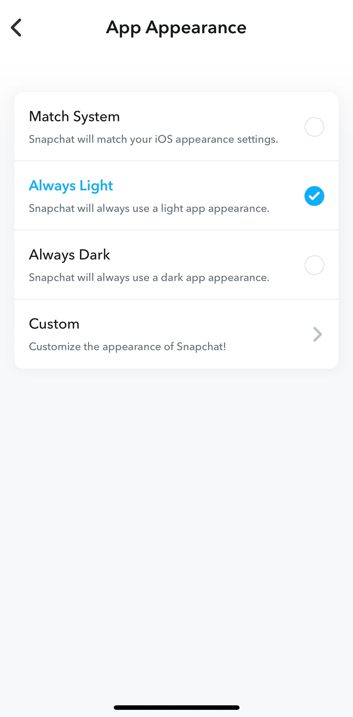 Snapchat Screen screen in the Switching to custom theme flow