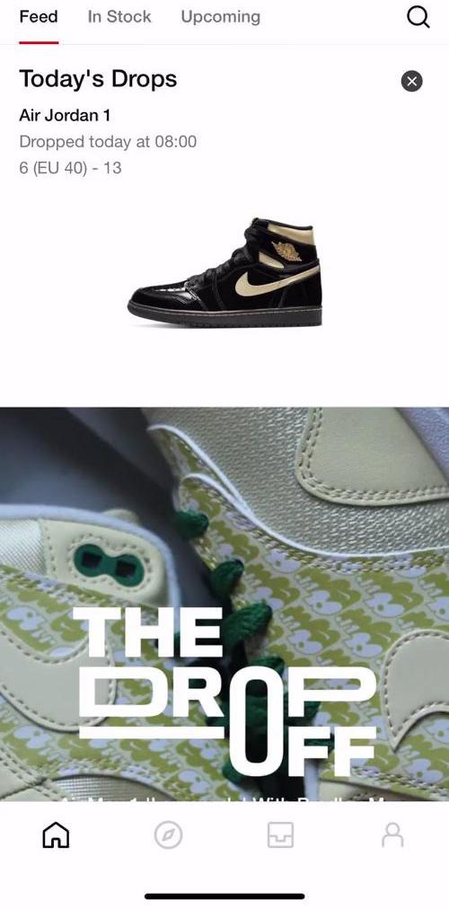Snkrs Nike Home feed screen in the Discovering Content flow