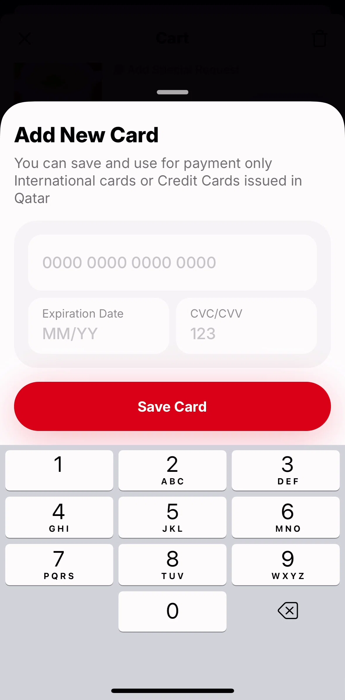 Snoonu Screen screen in the Adding a card flow