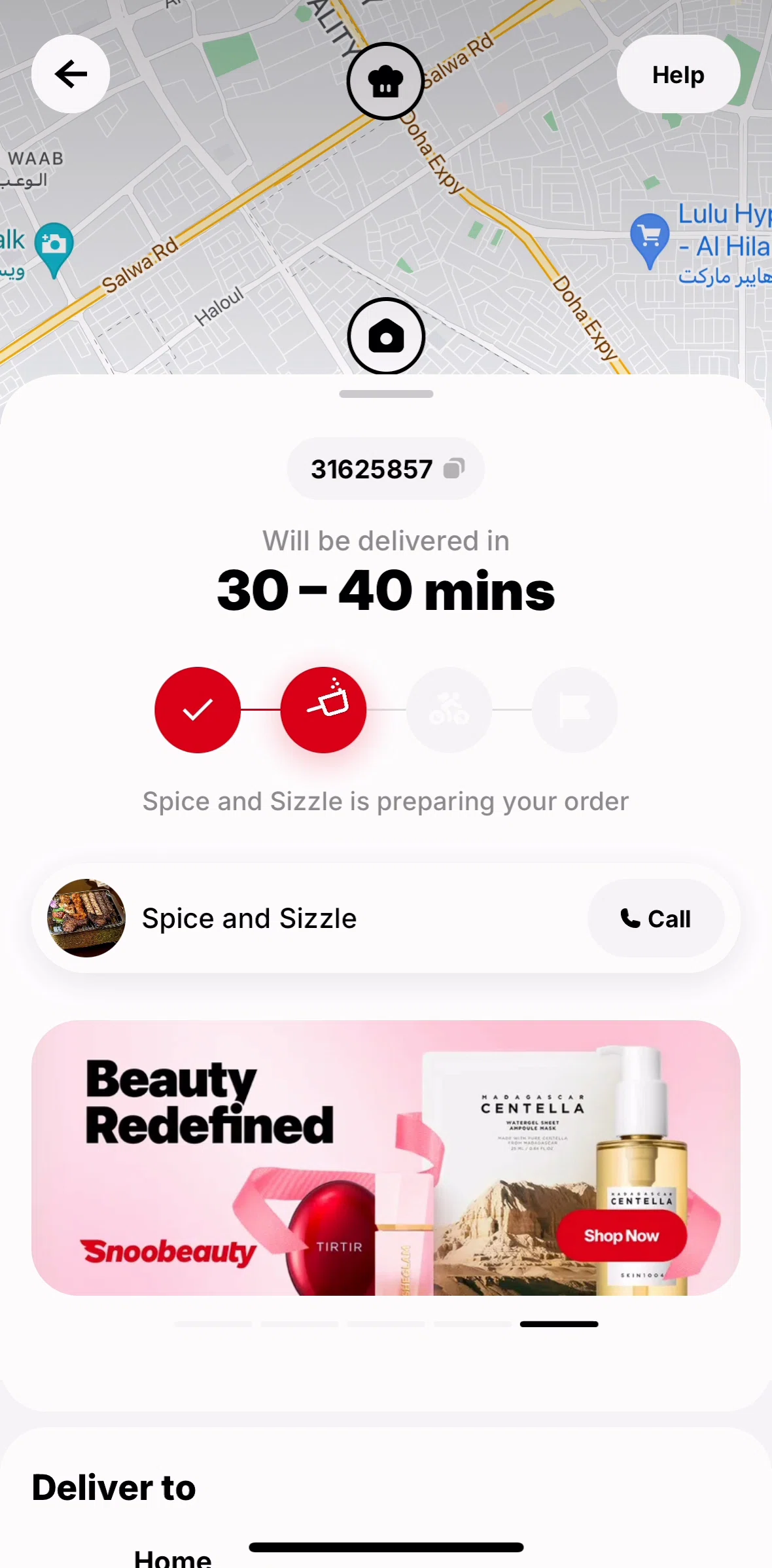 Snoonu Screen screen in the Ongoing delivery flow
