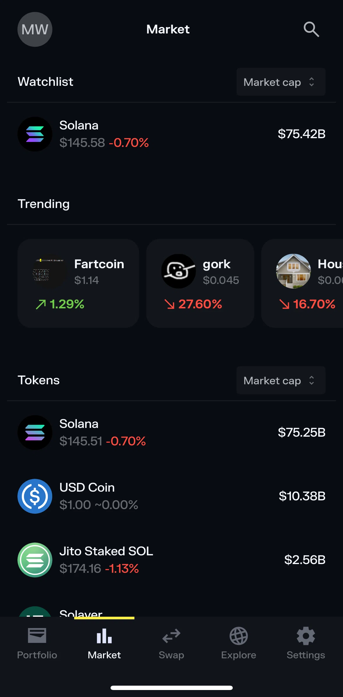 Solflare Screen screen in the Searching tokens flow