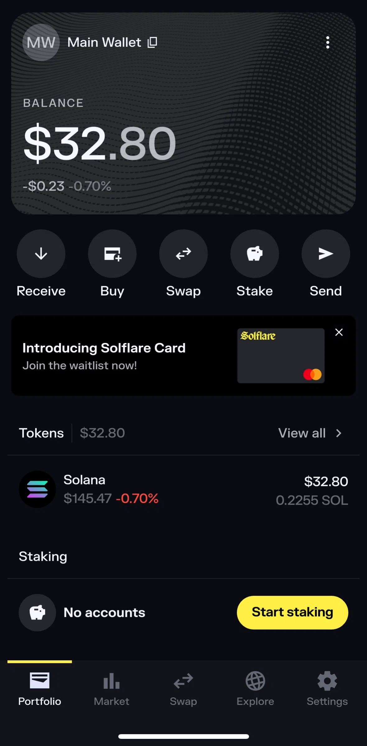 Solflare Screen screen in the Sending a token flow