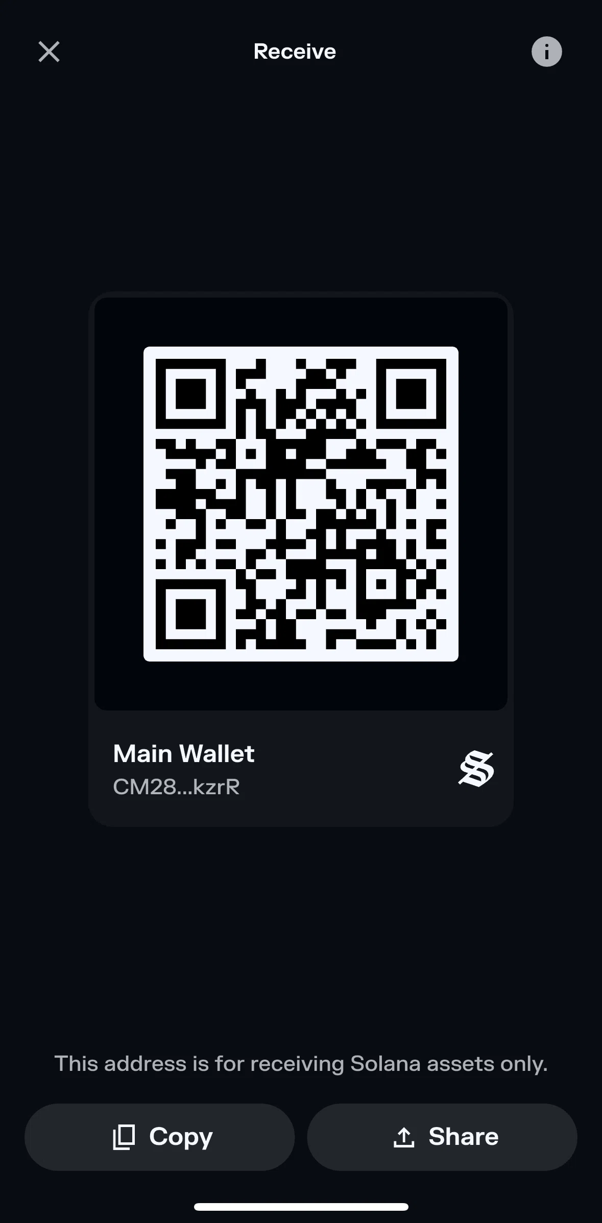 Solflare Screen screen in the Share wallet address flow
