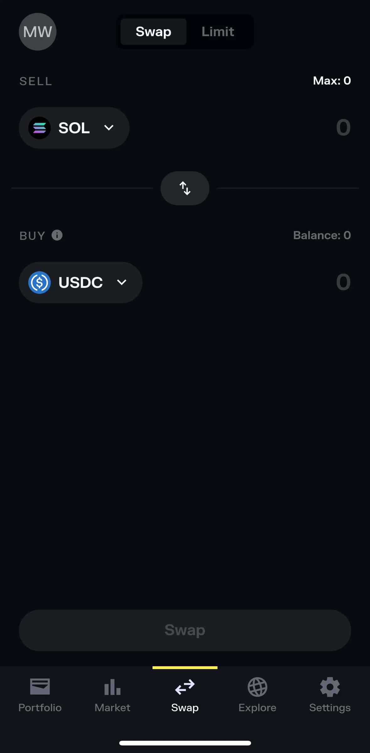 Solflare Screen screen in the Swapping a token flow