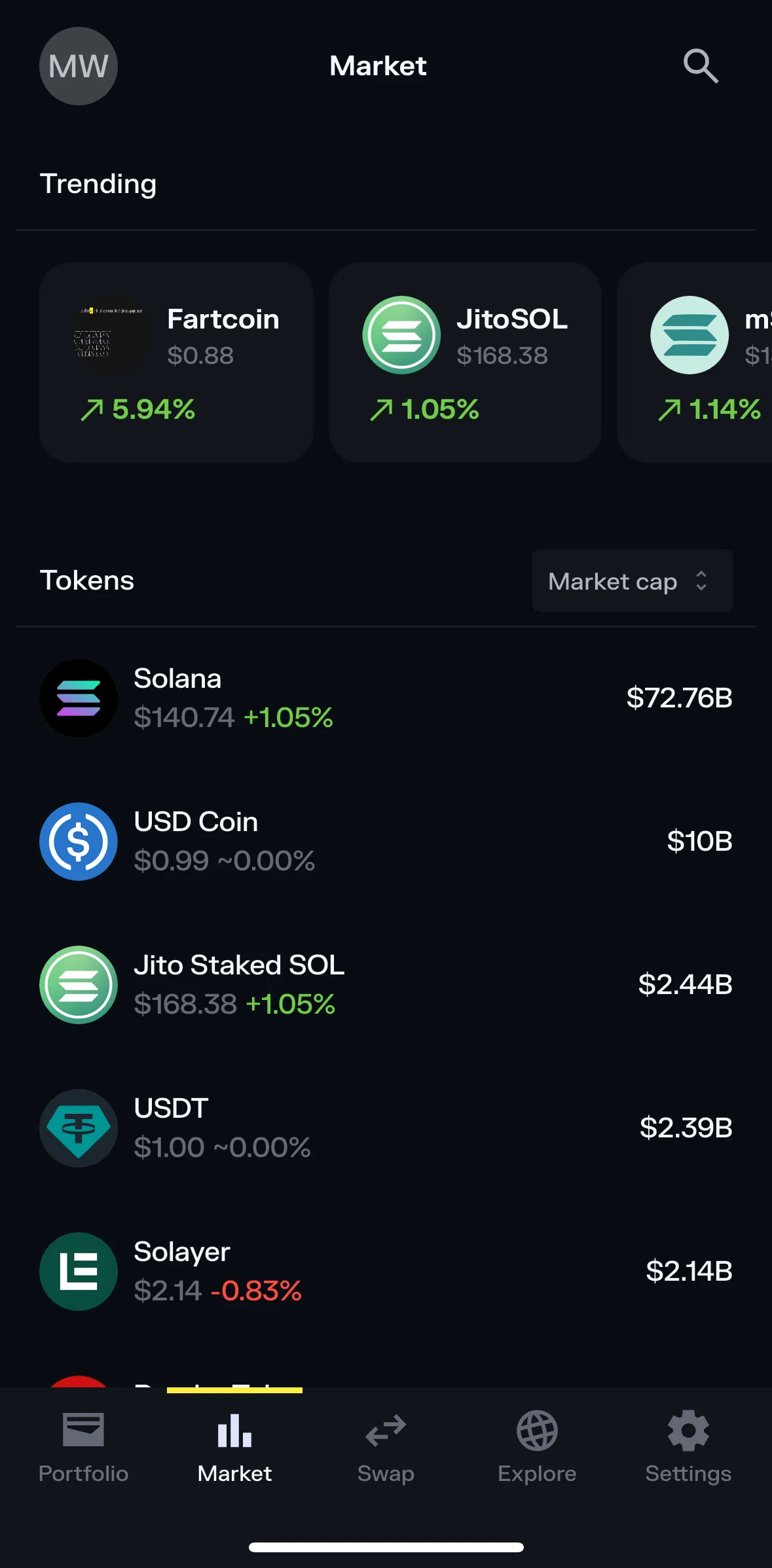 Solflare Screen screen in the Token detail flow