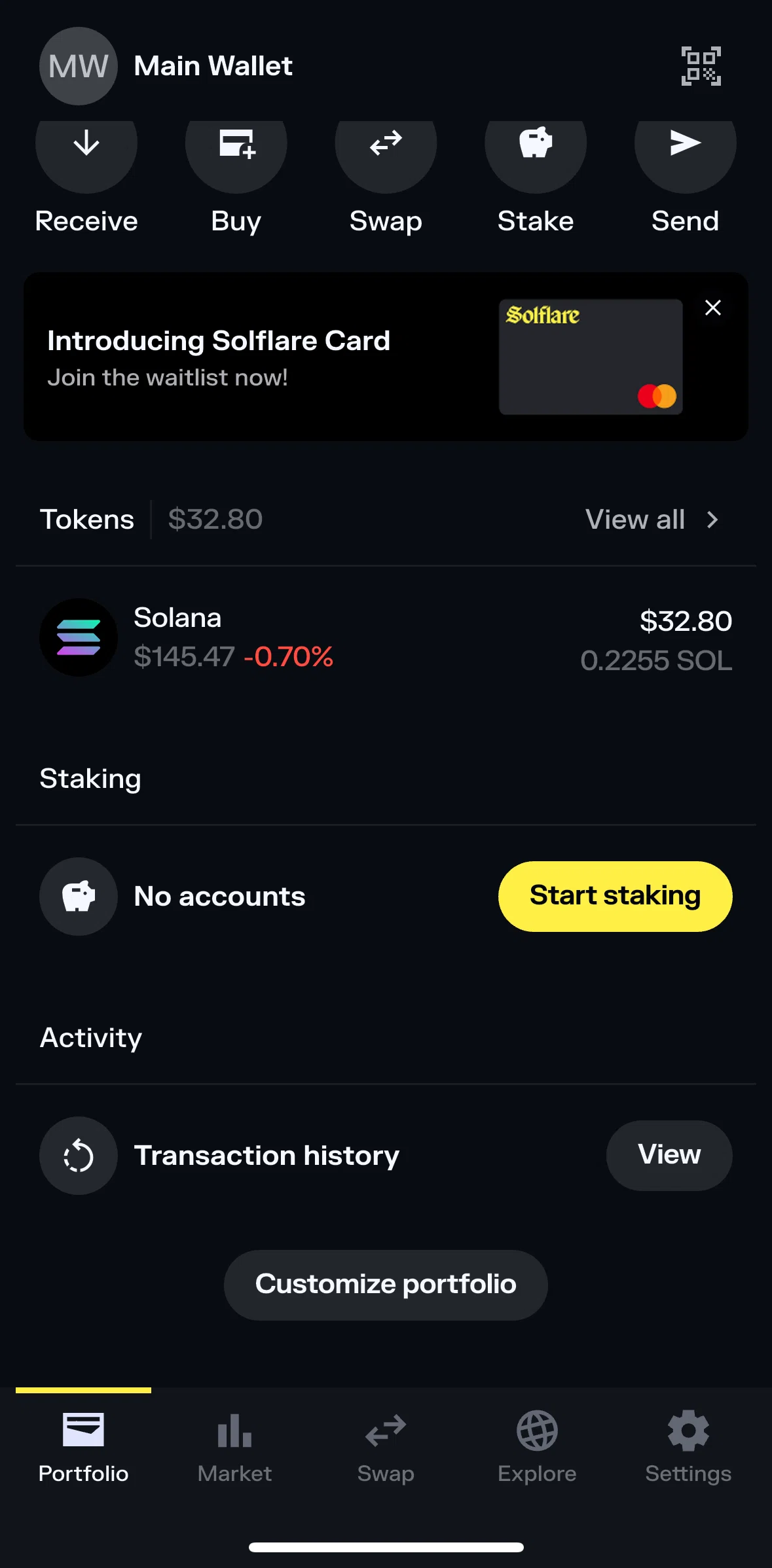 Solflare Screen screen in the Transaction history flow